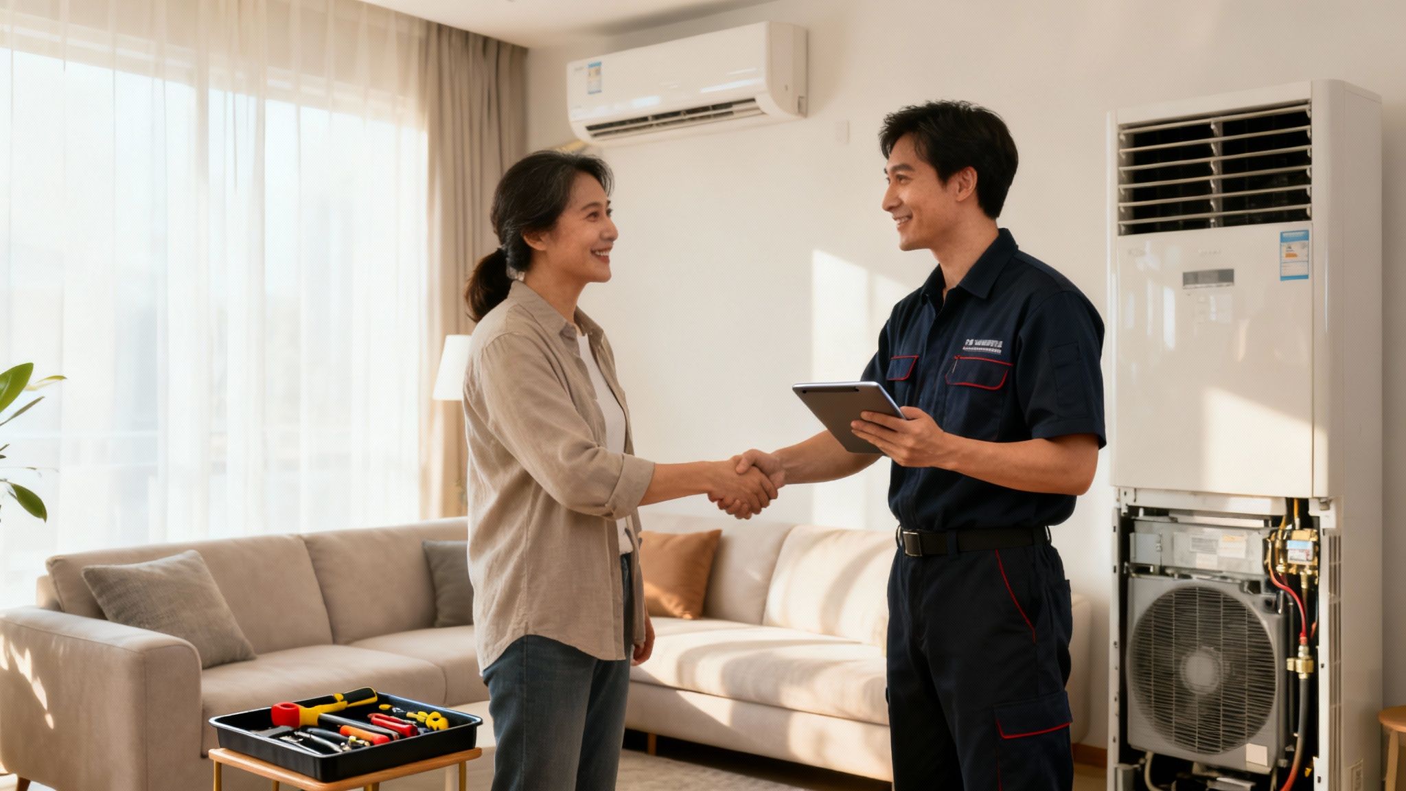 A smiling woman shakes hands with an AC technician holding a tablet in a living room.
