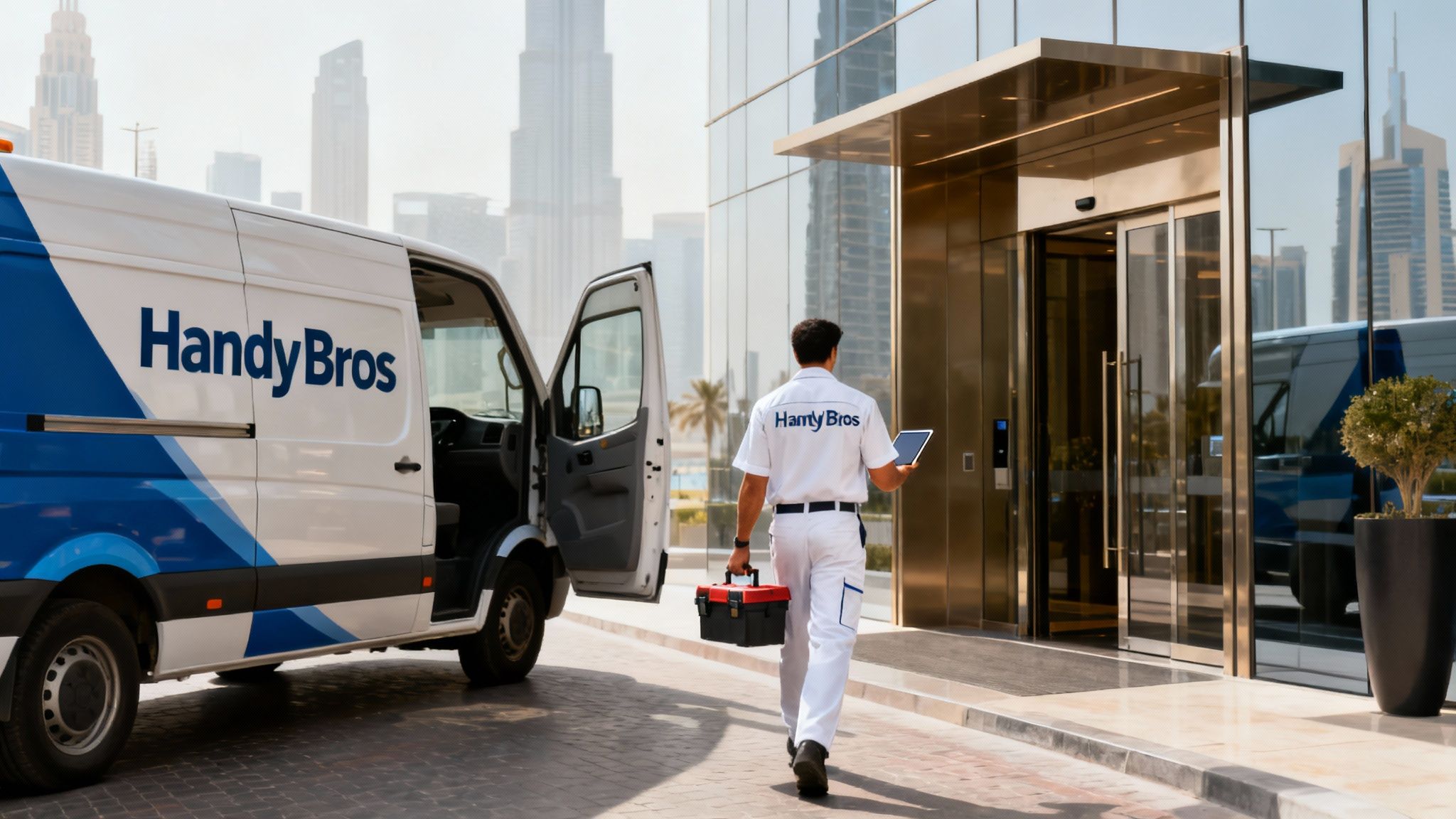 A HandyBros technician carrying a toolbox and tablet walks towards a modern building entrance, with a service van parked nearby.