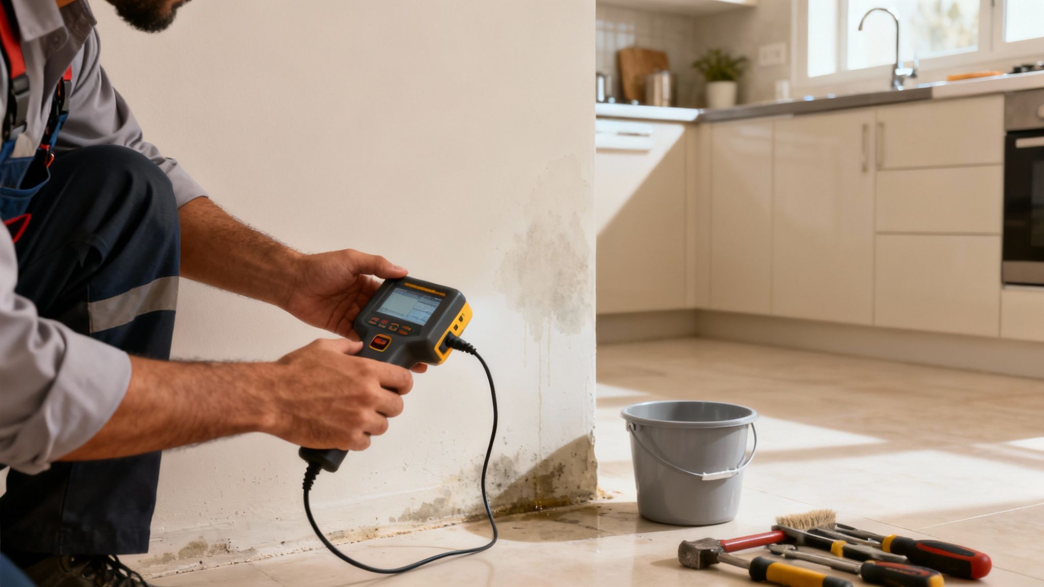 A technician uses a moisture meter on a damp, moldy kitchen wall, indicating water damage and repair.