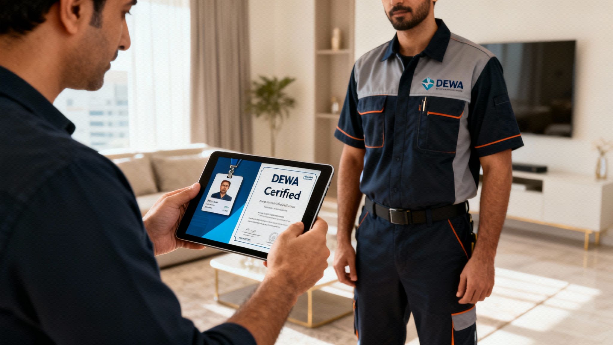 A person holds a tablet displaying a DEWA certified digital ID to a DEWA technician in a living room.