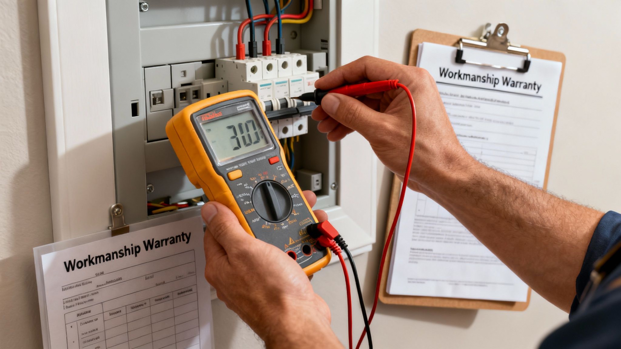 Close-up of an electrician testing an electrical panel with a multimeter displaying '30.0', with 'Workmanship Warranty' papers nearby.