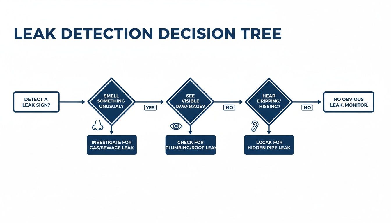 A water leak detection decision tree flowchart guiding through steps like smelling, seeing, and hearing to investigate leaks.