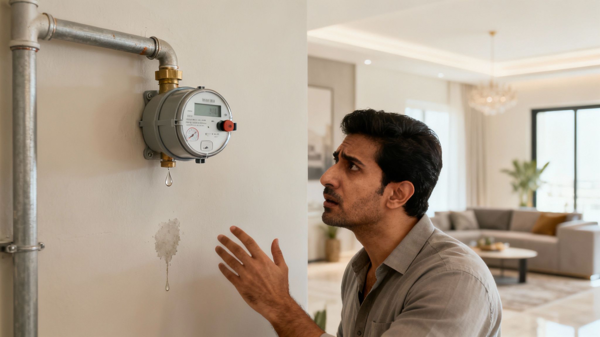 A concerned man observes a dripping water meter and a noticeable water stain on the wall.