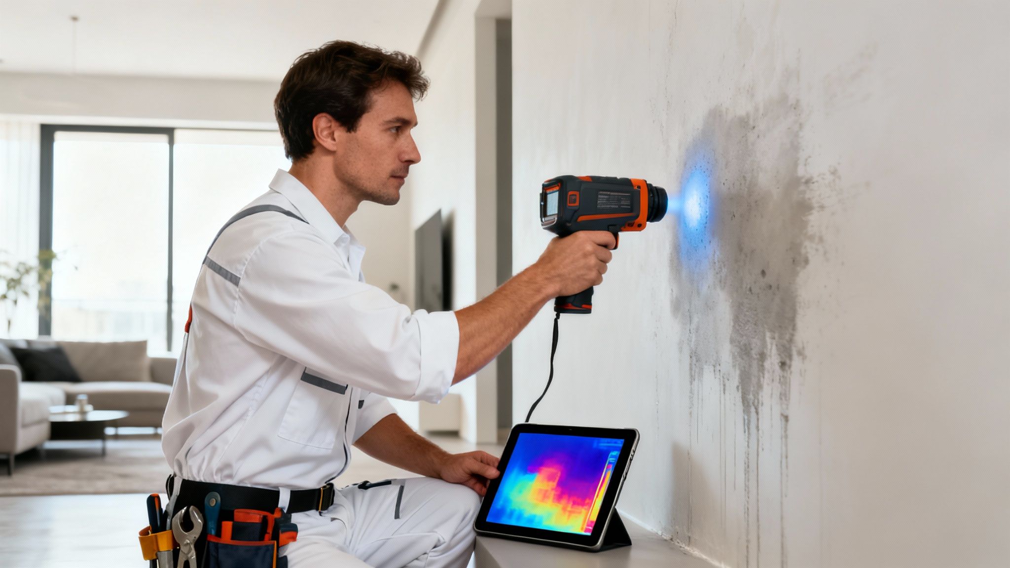 Man inspecting a damp wall with a thermal camera for water leaks, displaying results on a tablet.