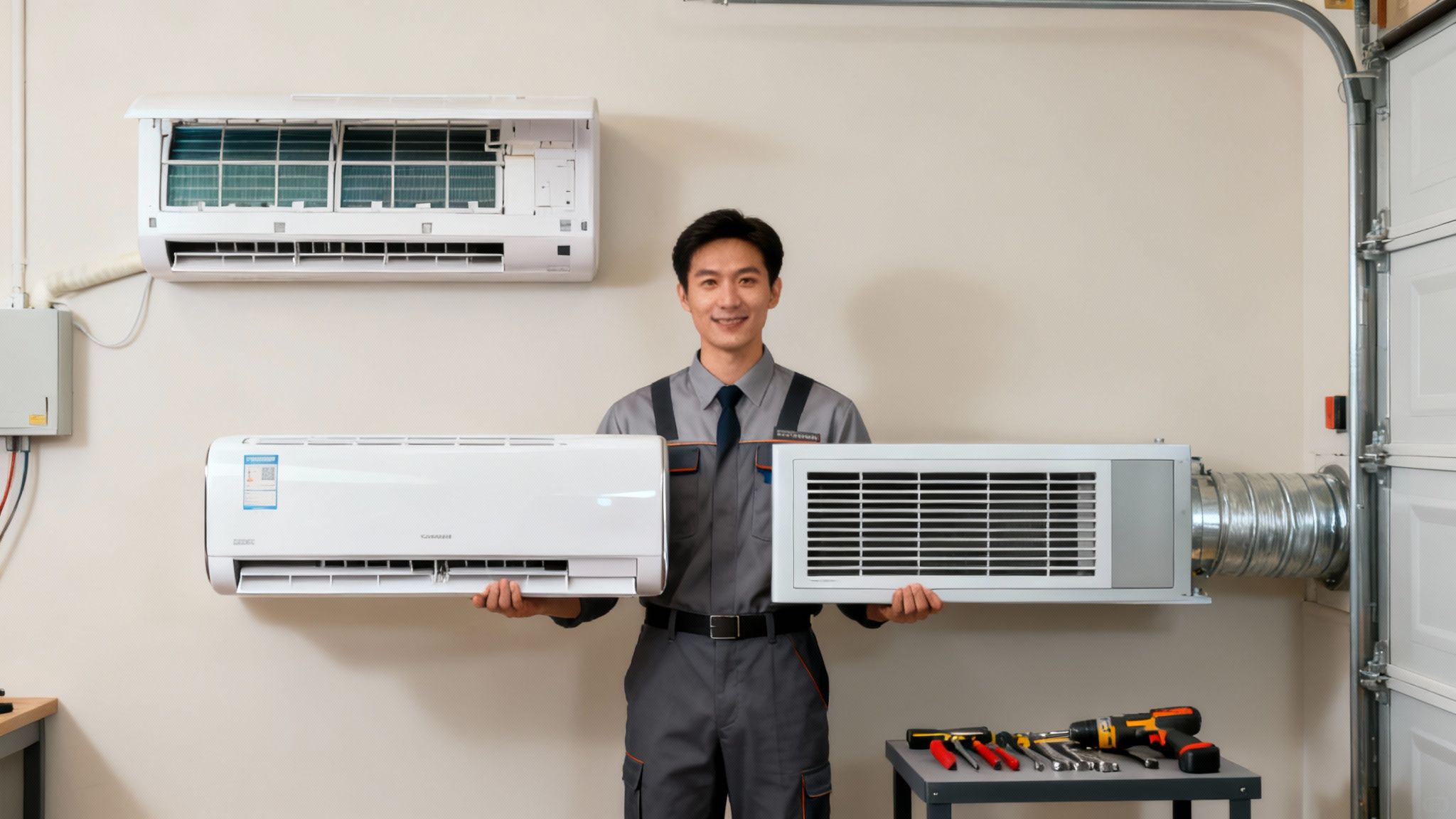 A smiling technician holds two air conditioning units in a room with installed ACs and tools.