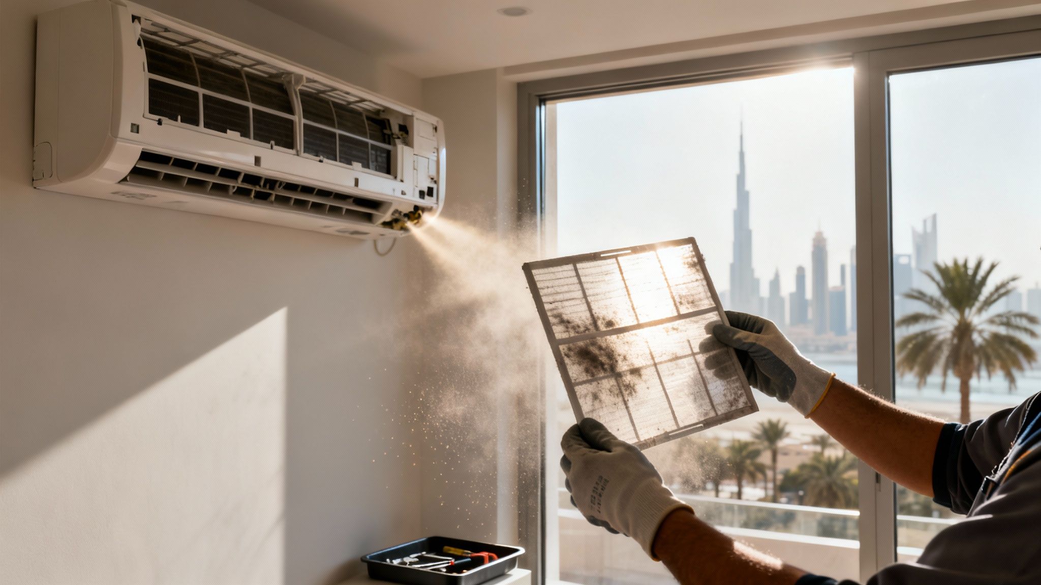 A person in gloves holds a dirty air conditioner filter, releasing dust, with a dusty AC unit and Dubai skyline in the background.