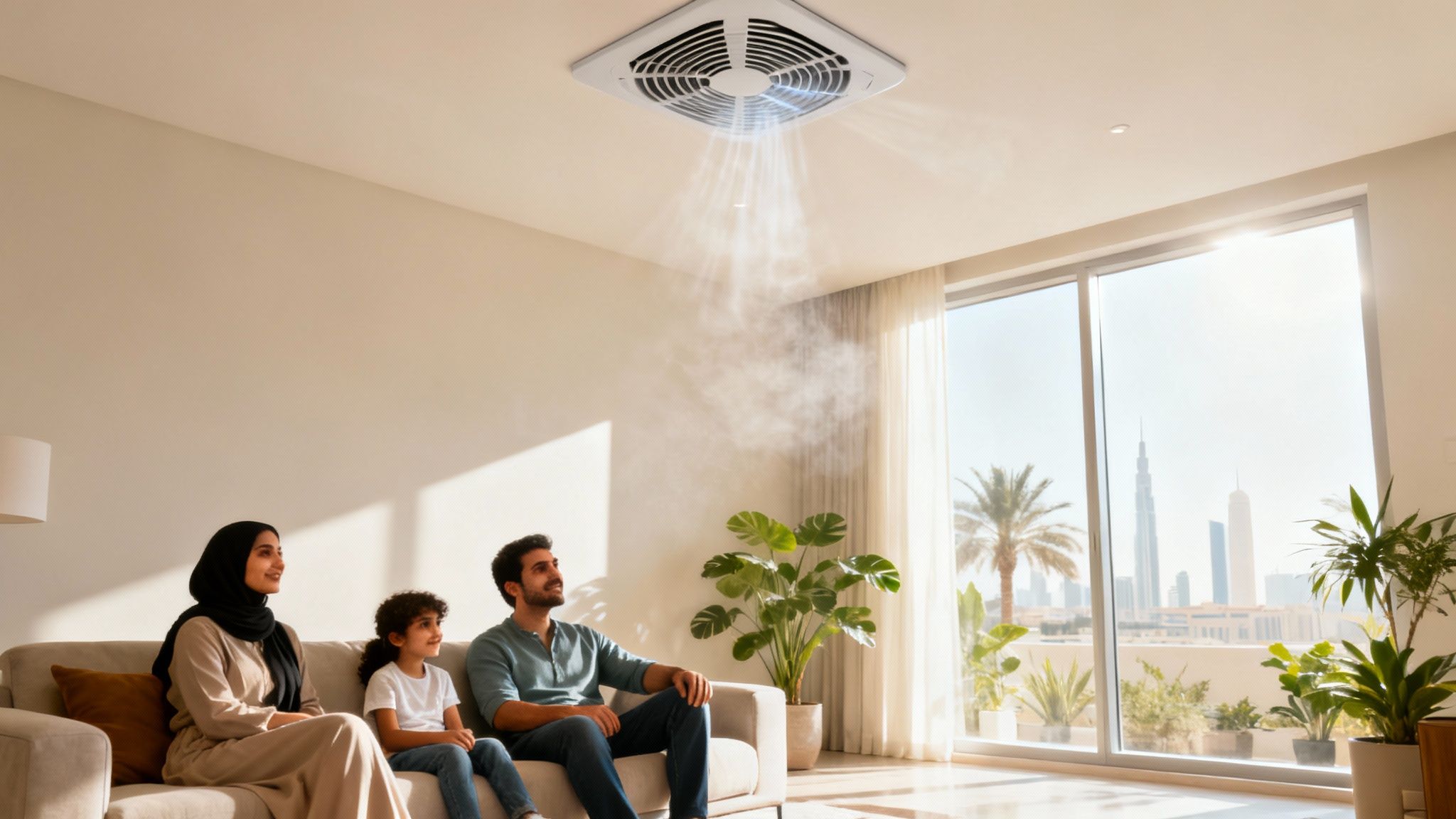 A family enjoys cool air from a ceiling AC unit in their modern living room with a Dubai city view.