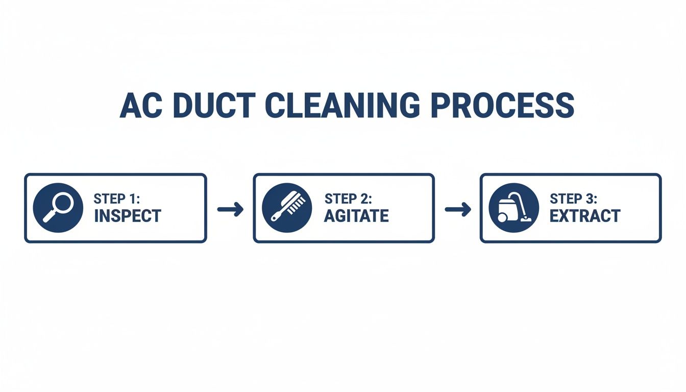 A diagram outlining the 3-step AC duct cleaning process: inspect, agitate, and extract.