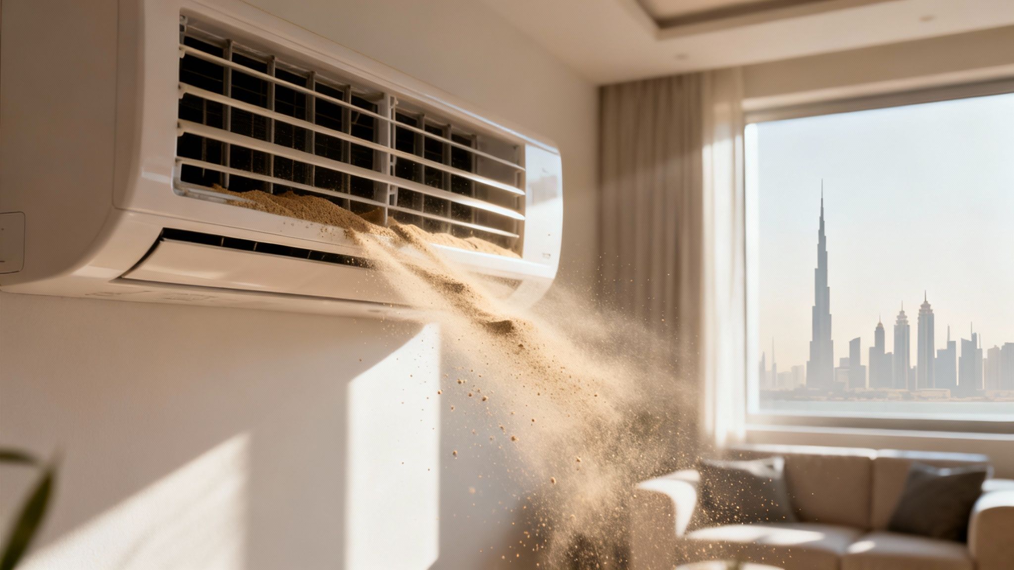 An air conditioner unit blowing sand and dust inside a room, with the Dubai skyline visible.