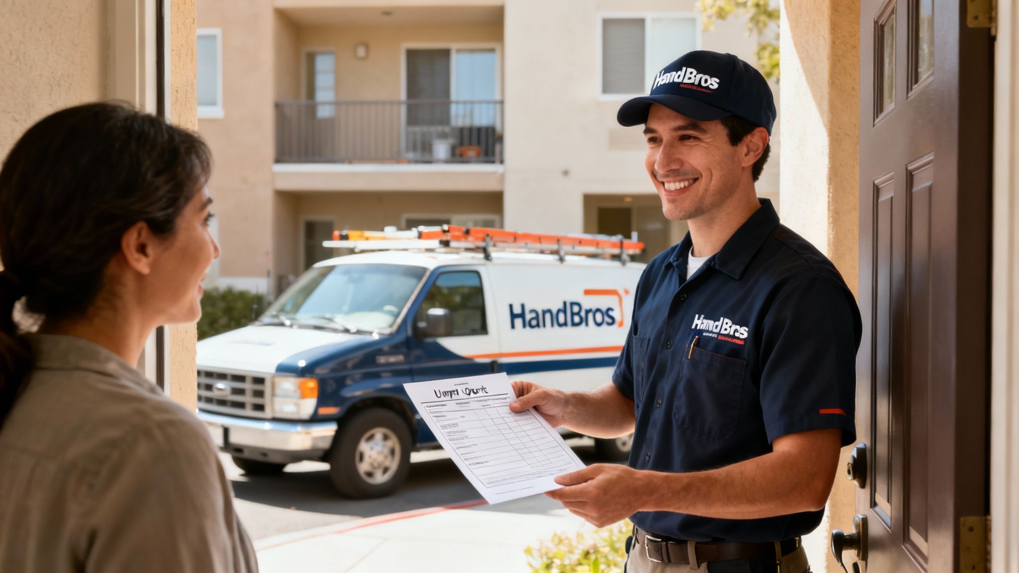 A friendly HandBros service technician smiles while presenting a document to a homeowner at her front door.