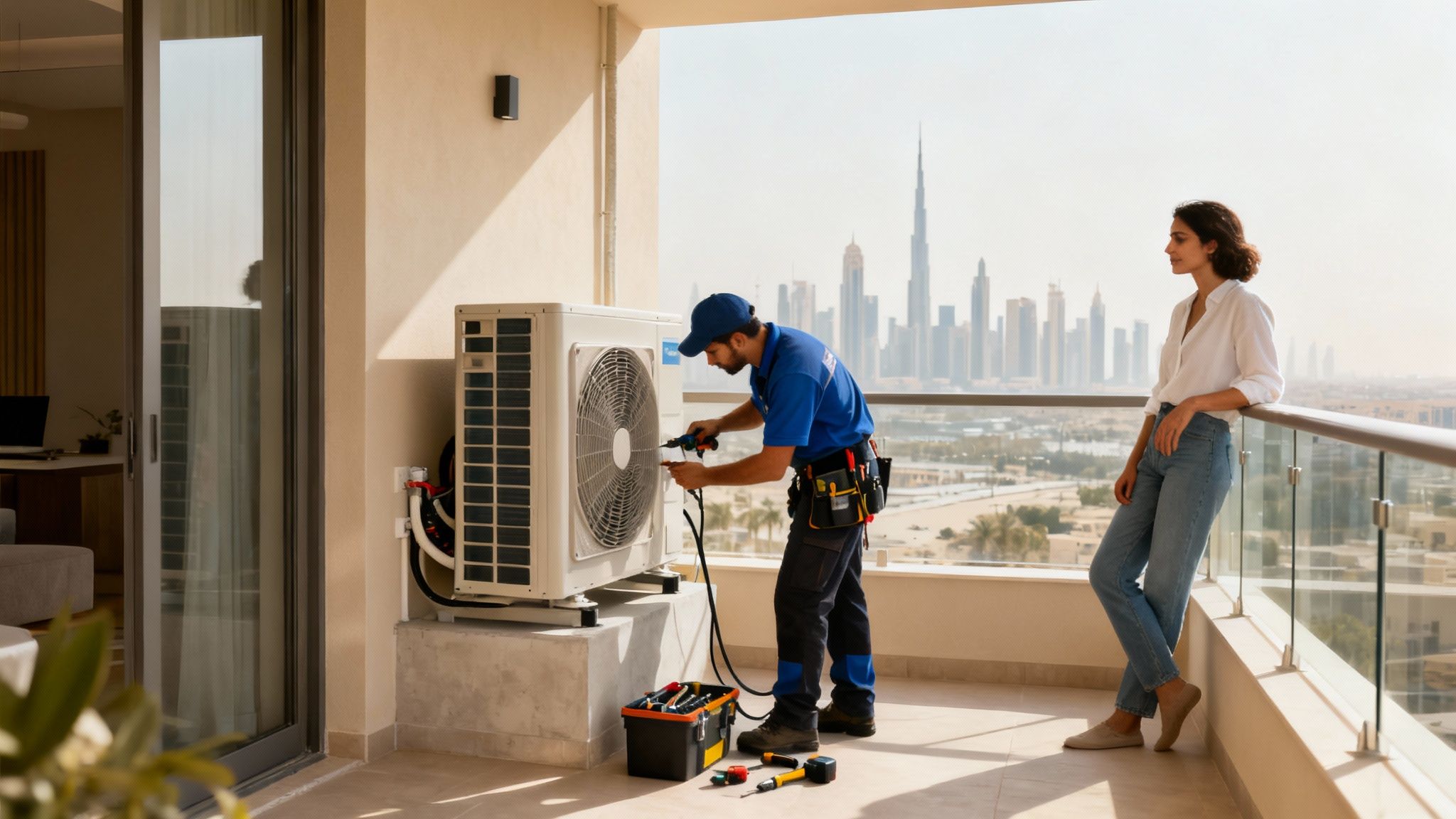 An AC technician services an outdoor unit on a balcony with a woman admiring the city skyline.
