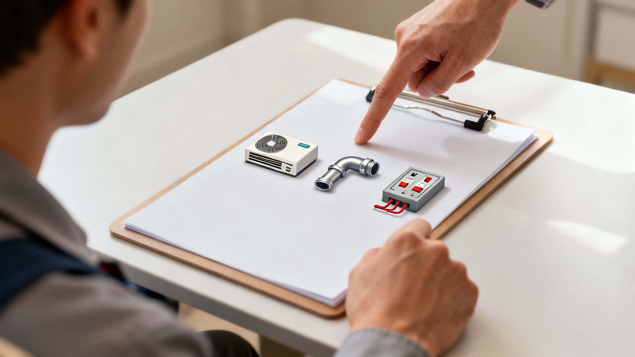 Two hands discussing maintenance components like HVAC, plumbing, and electrical parts on a clipboard.