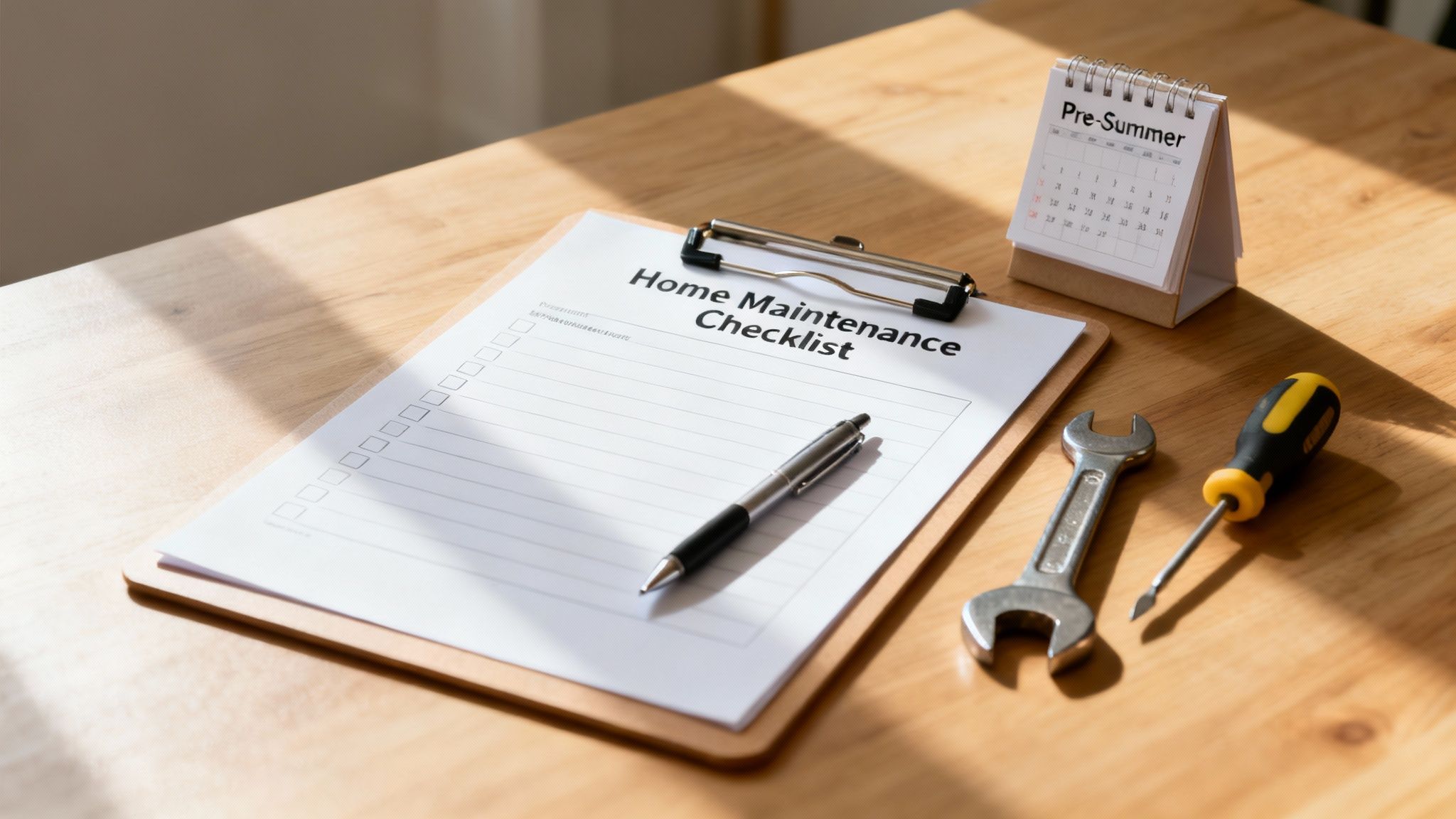A clipboard with a 'Home Maintenance Checklist,' a 'Pre-Summer' calendar, and tools on a wooden table.