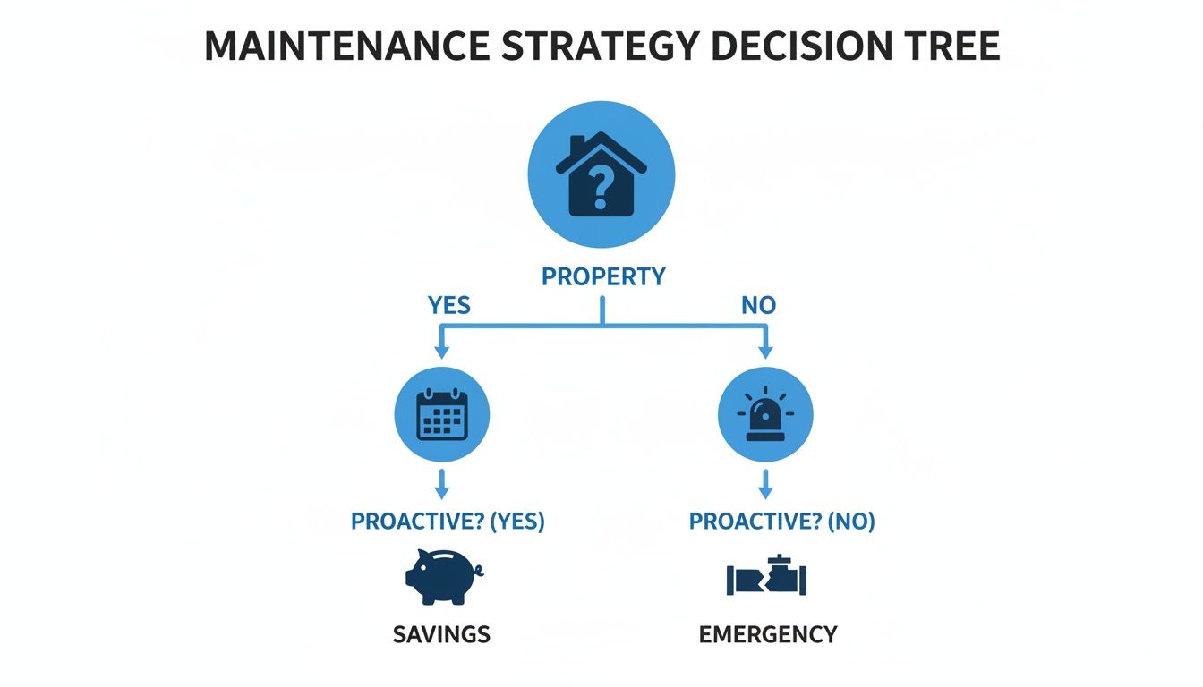 Maintenance strategy decision tree illustrating how proactive property management leads to savings, while non-proactive leads to emergencies.