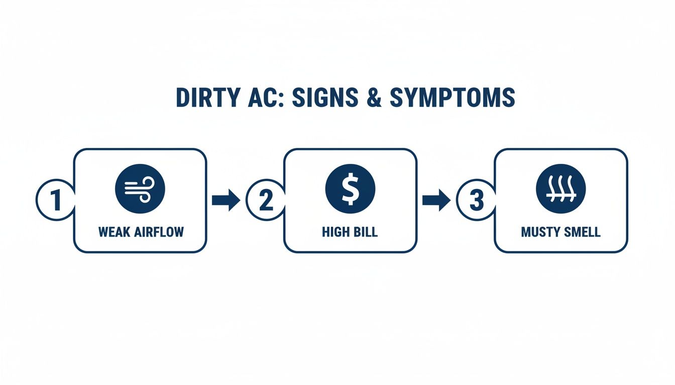 A visual guide detailing three signs of a dirty AC: weak airflow, high bill, and musty smell.