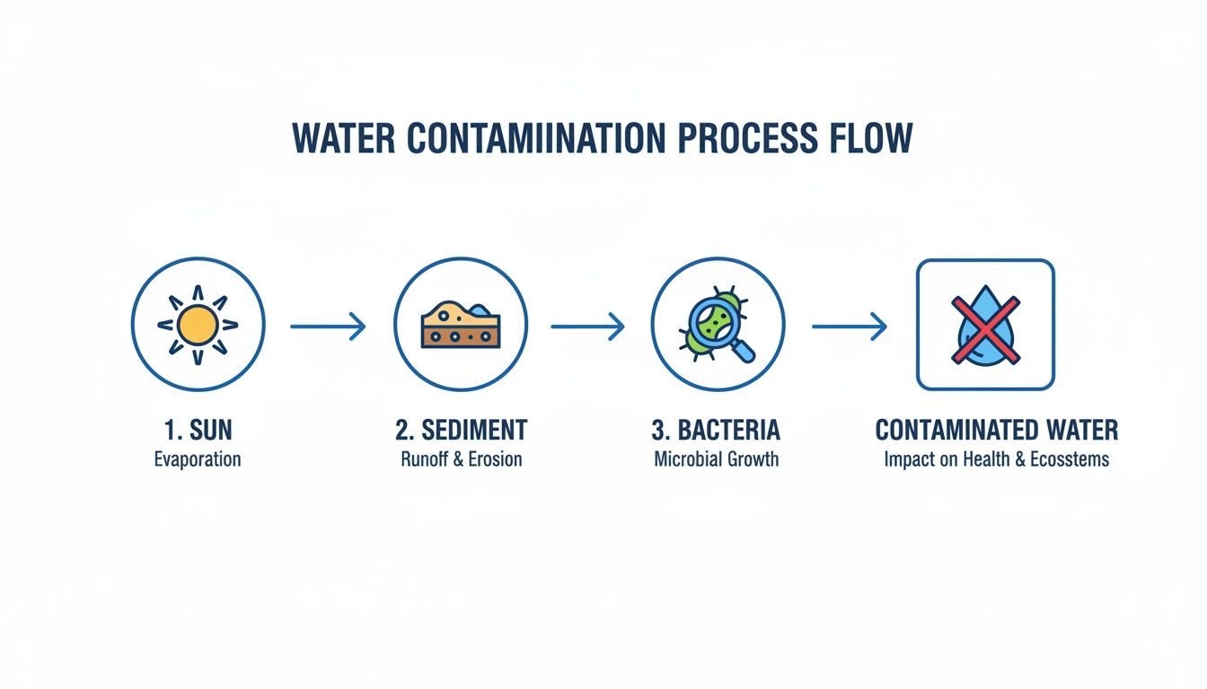Process flow diagram showing water contamination steps: sun, sediment, bacteria, leading to contaminated water.
