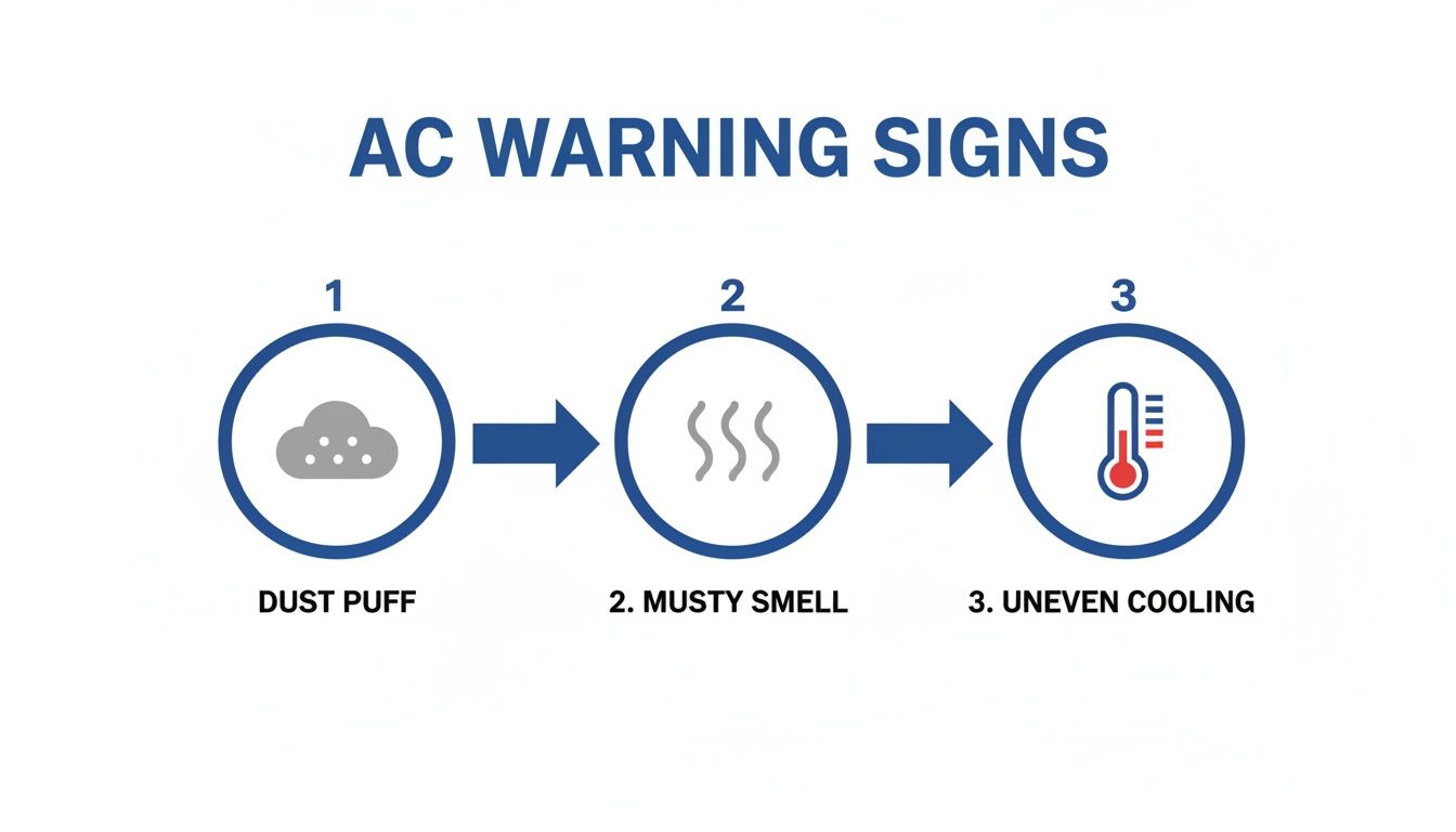 An infographic displaying three common AC warning signs: dust puff, musty smell, and uneven cooling.