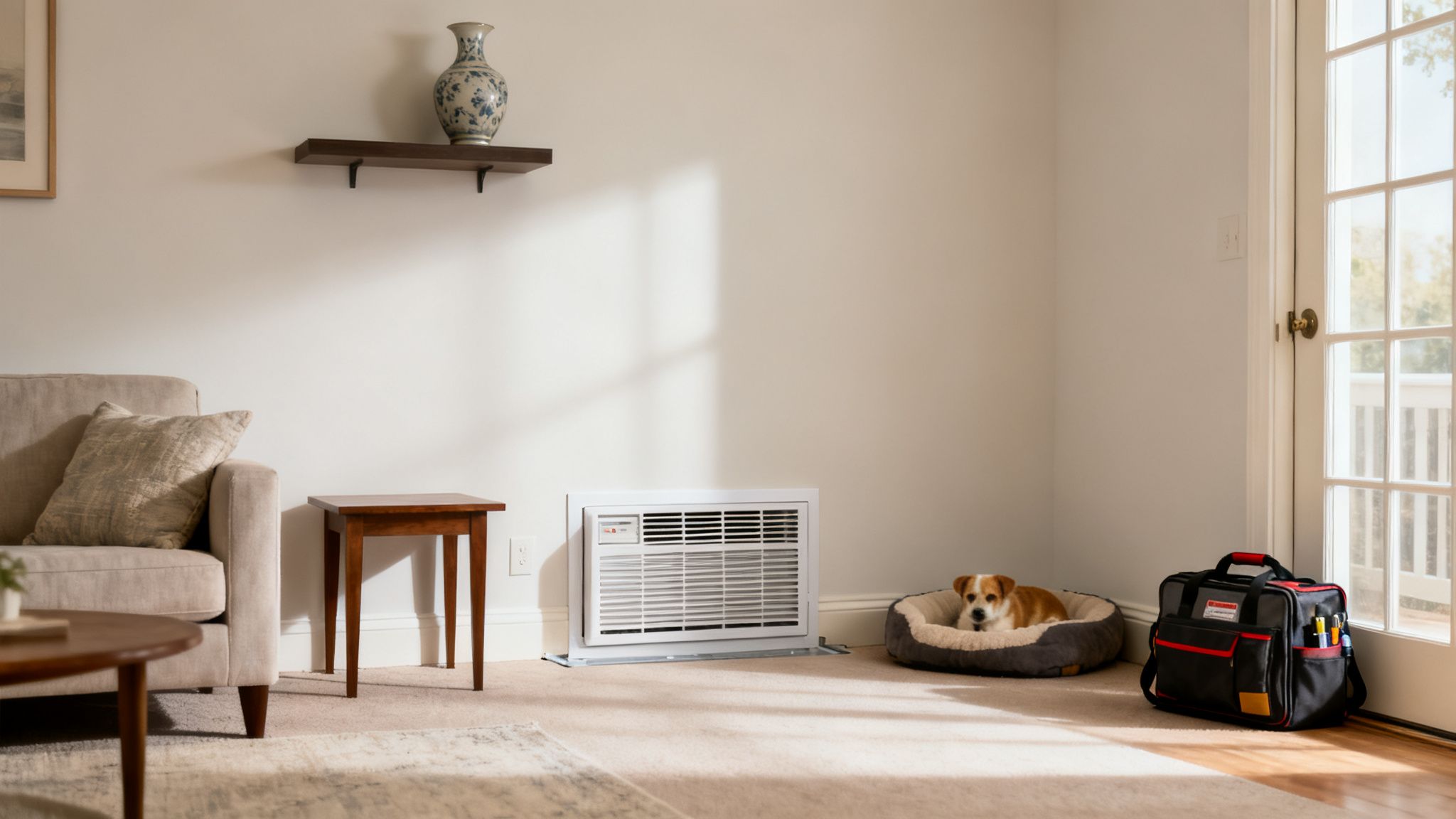 A cozy living room with a small dog in a bed, a window AC unit, and a tool bag near a glass door.