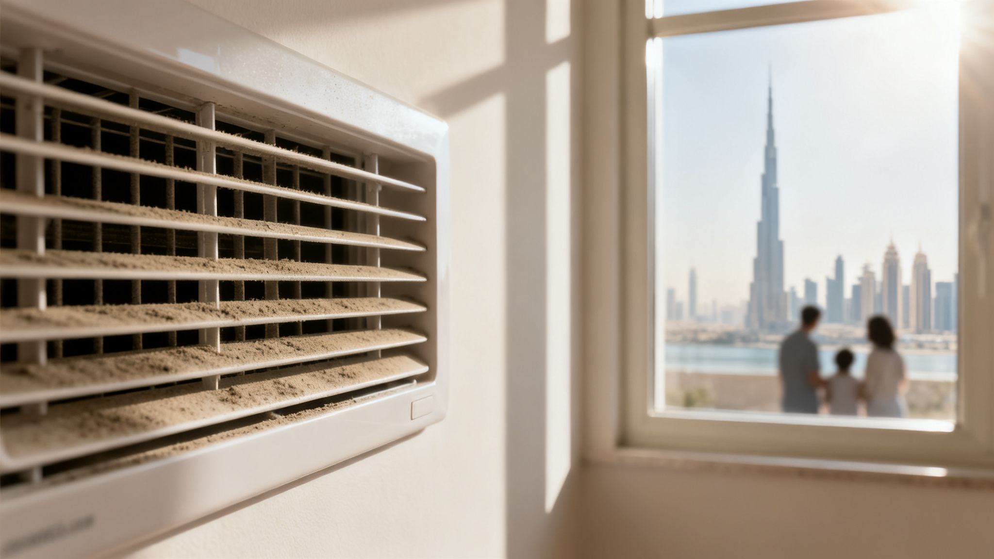 A close-up of a dirty air conditioning vent, contrasting with a blurred Dubai skyline view.