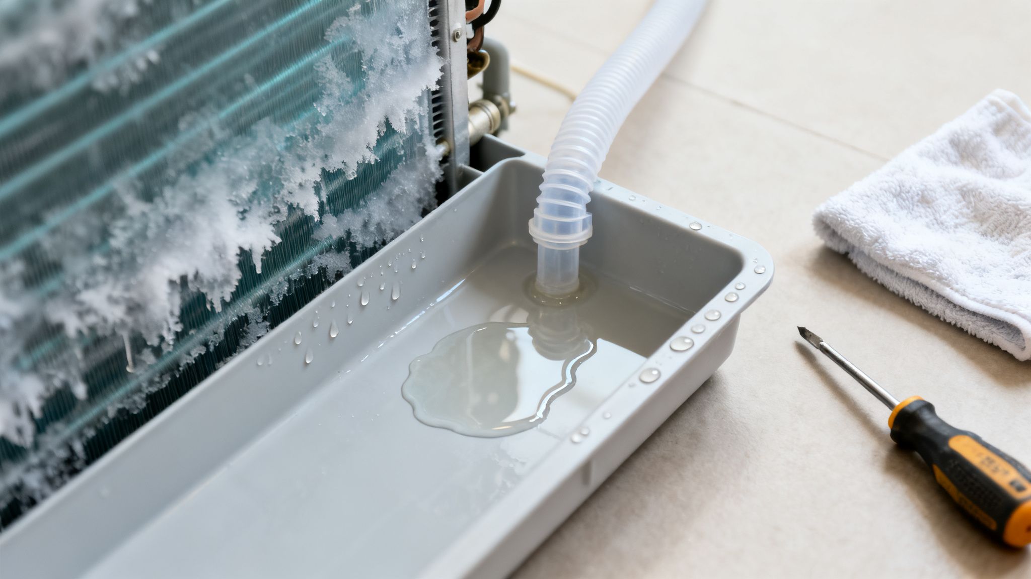 Close-up of a frozen air conditioner coil with melting ice dripping into a drain pan and repair tools nearby.