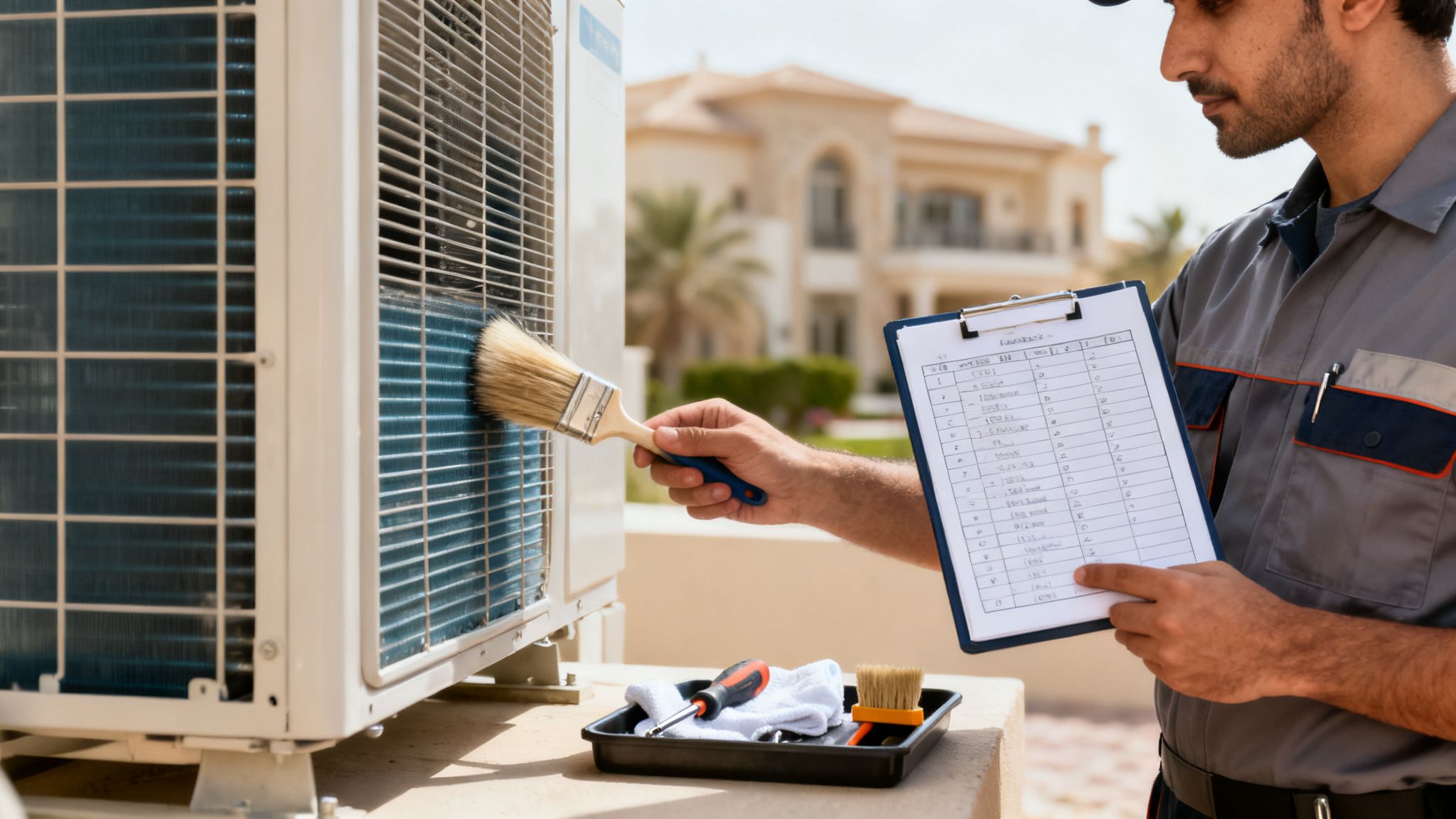 HVAC technician cleans an outdoor AC unit's coils with a brush, holding a maintenance checklist.