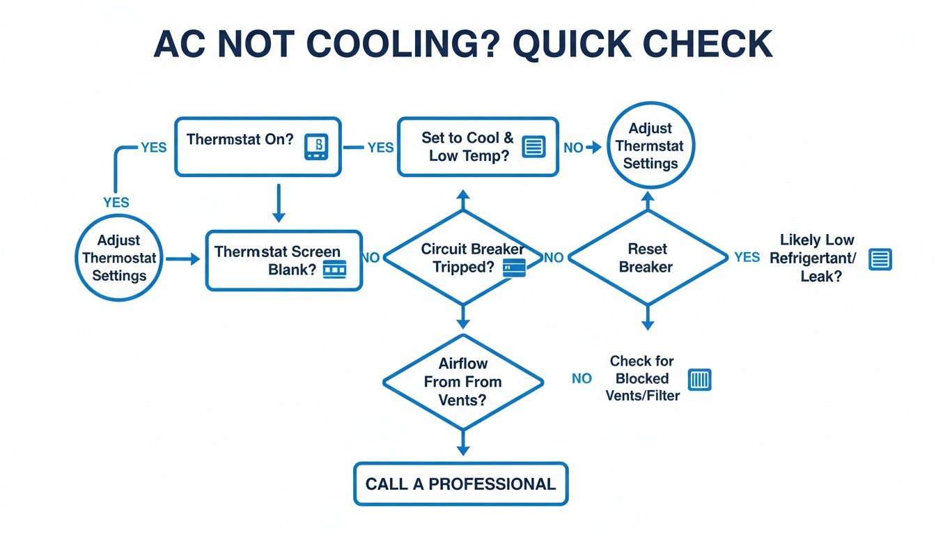 A detailed flowchart guiding users through troubleshooting steps for an AC unit that is not cooling.