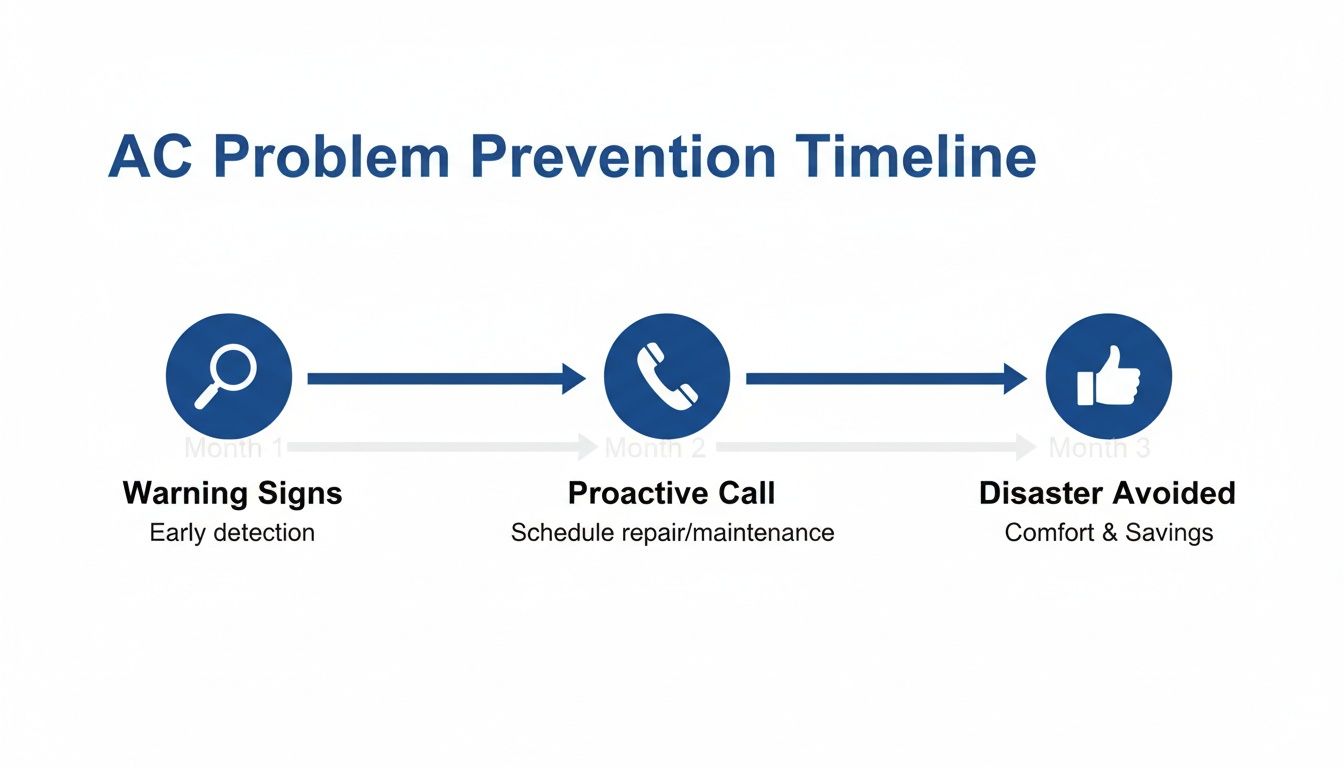 A timeline showing AC problem prevention: warning signs, proactive call, and disaster avoided.