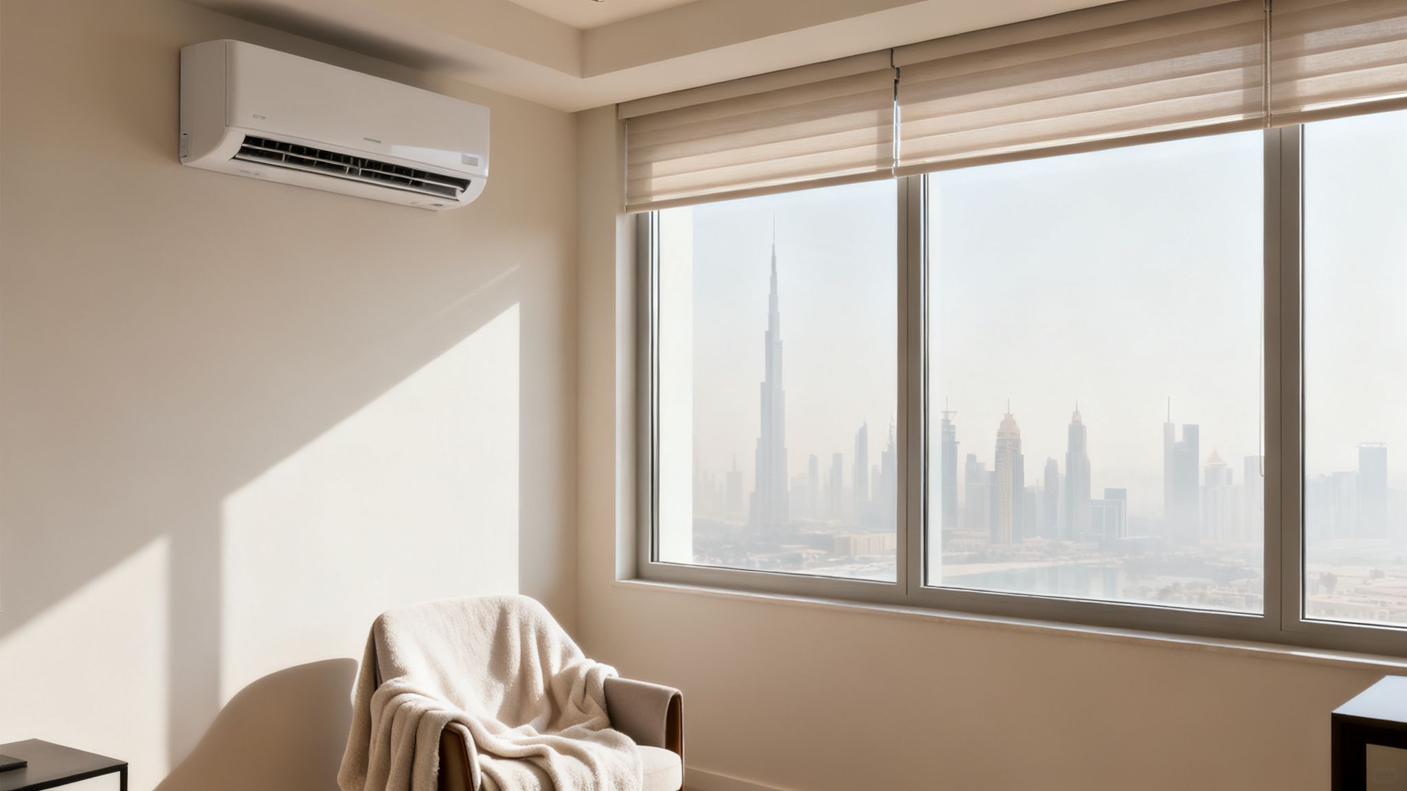 Modern room with white air conditioner, city skyline view featuring Burj Khalifa, and a cozy armchair.