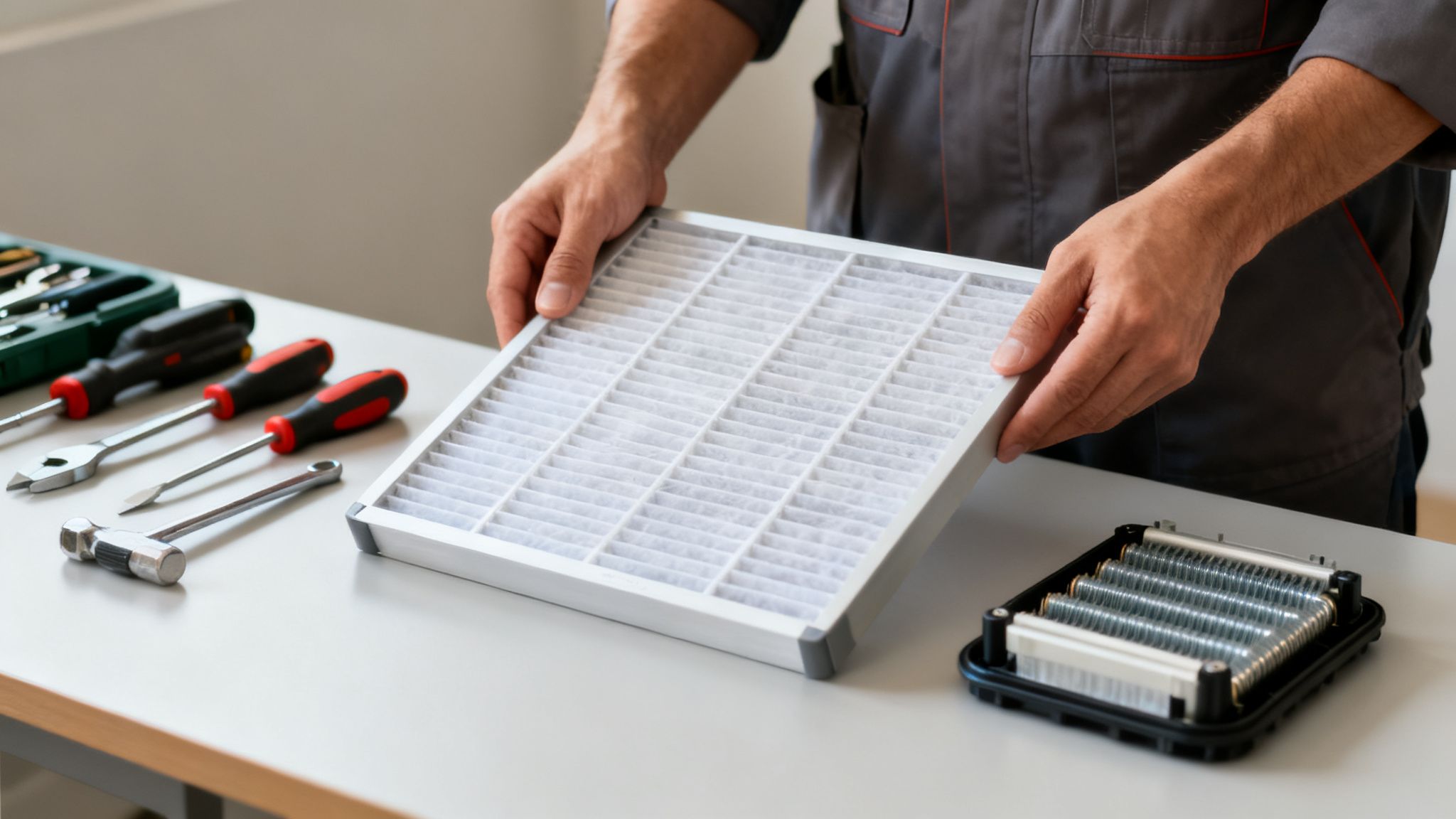 Close-up of a technician's hands holding a new air filter, with tools on the table, indicating AC maintenance.