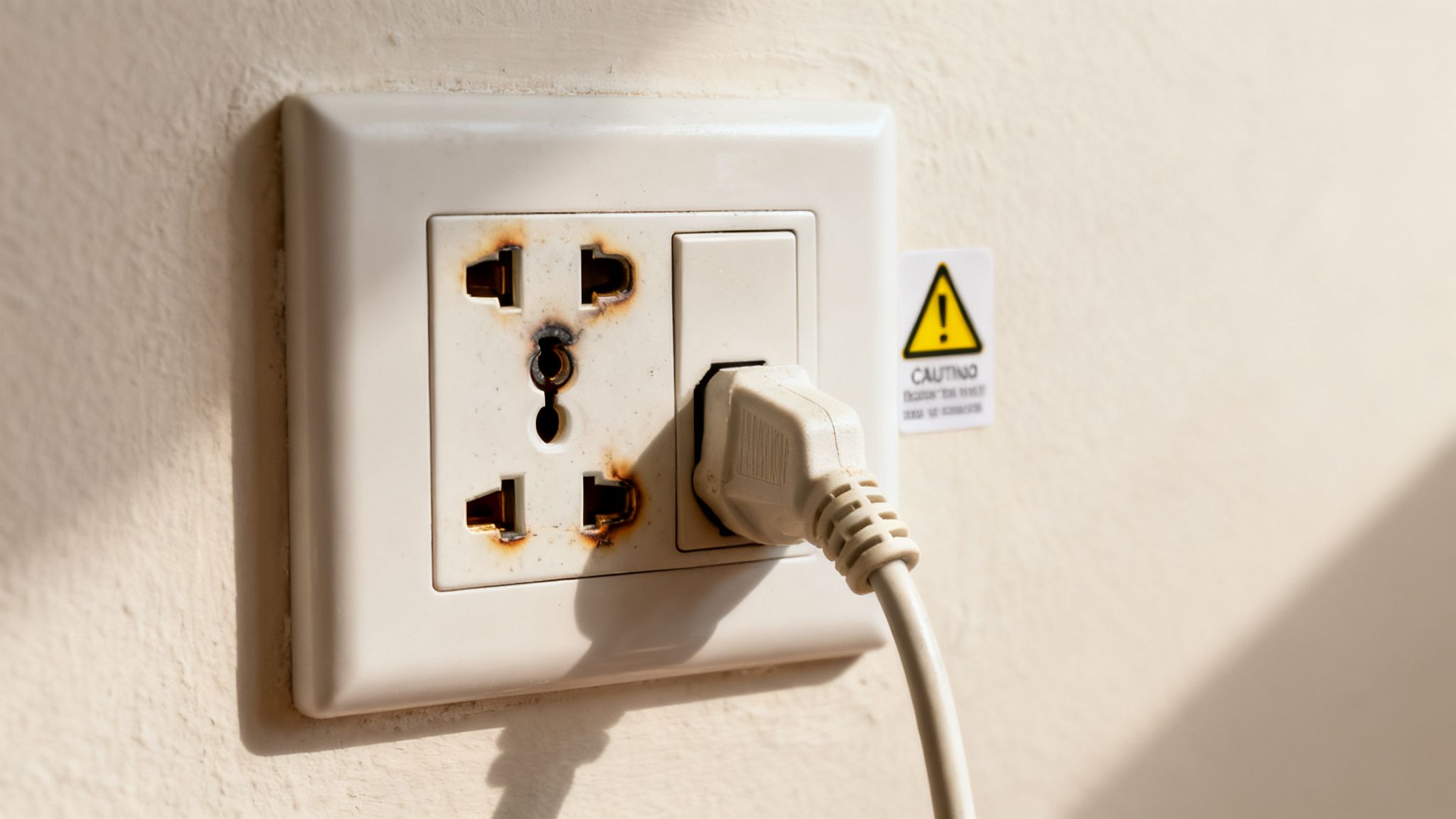 A dangerously burnt and damaged multi-socket electrical outlet with a plug inserted, showing a warning sign.