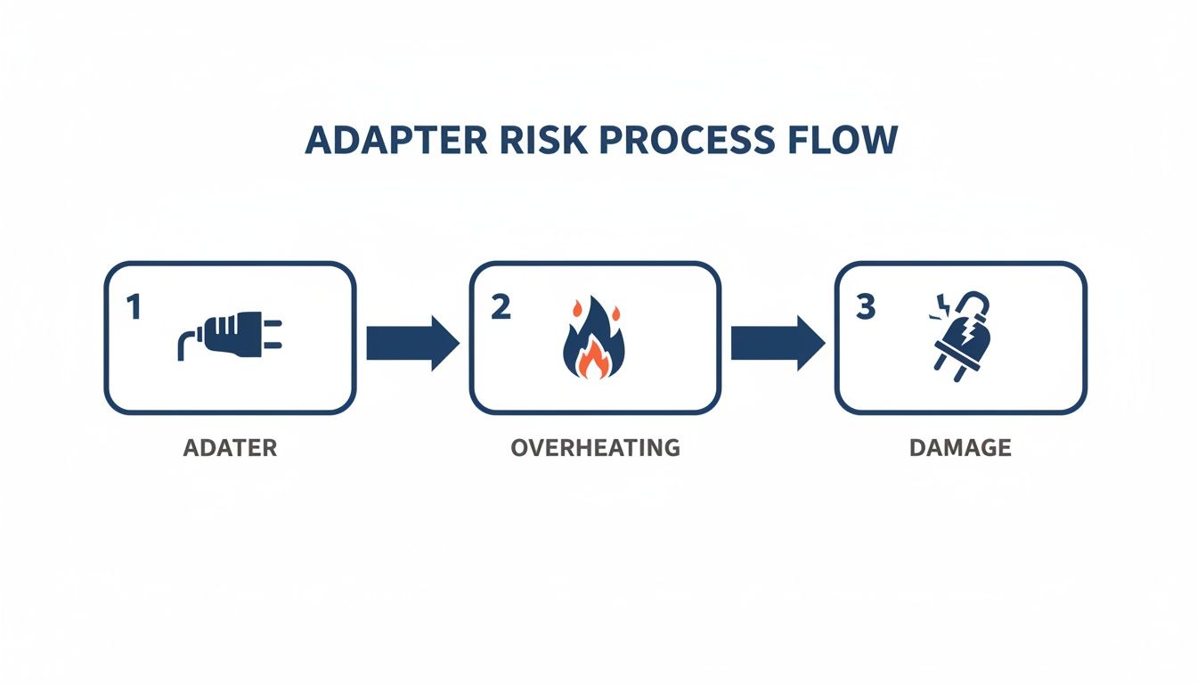Process flow diagram illustrating adapter risks: adapter, overheating, and subsequent damage.
