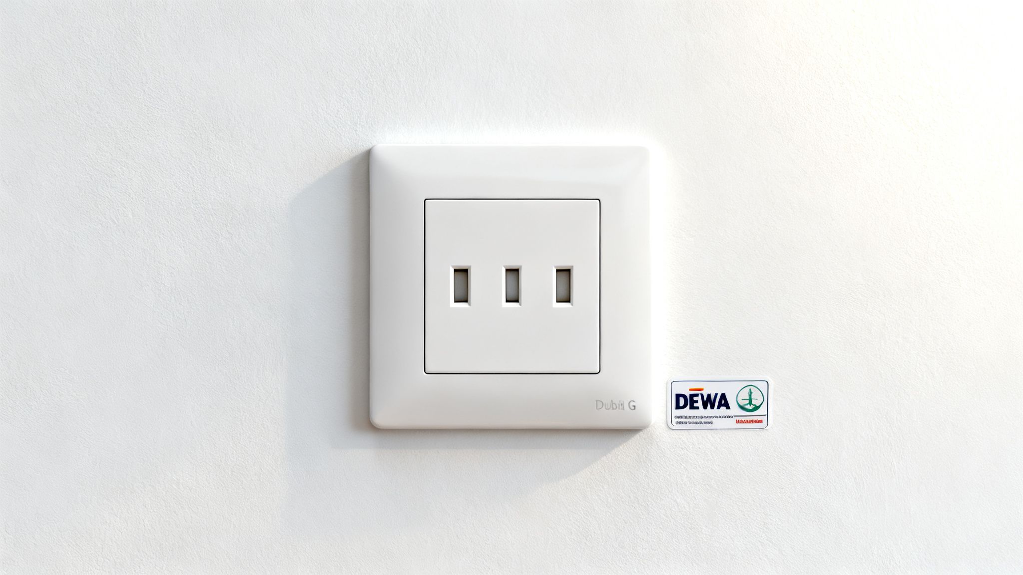 Close-up of a modern white electrical wall socket with three rectangular slots and a DEWA label.