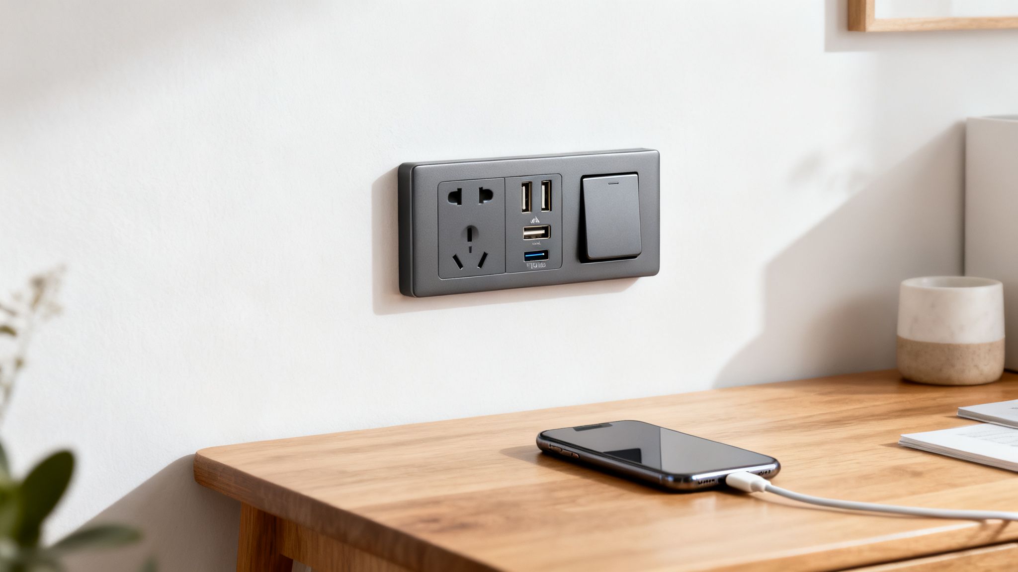 A modern grey wall socket with universal power and USB ports charges a smartphone on a wooden desk.