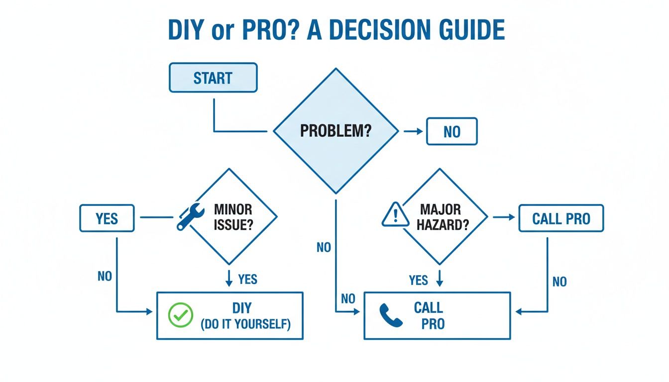 A flowchart titled 'DIY or PRO? A DECISION GUIDE' helps determine if you should fix an issue yourself or call a professional.