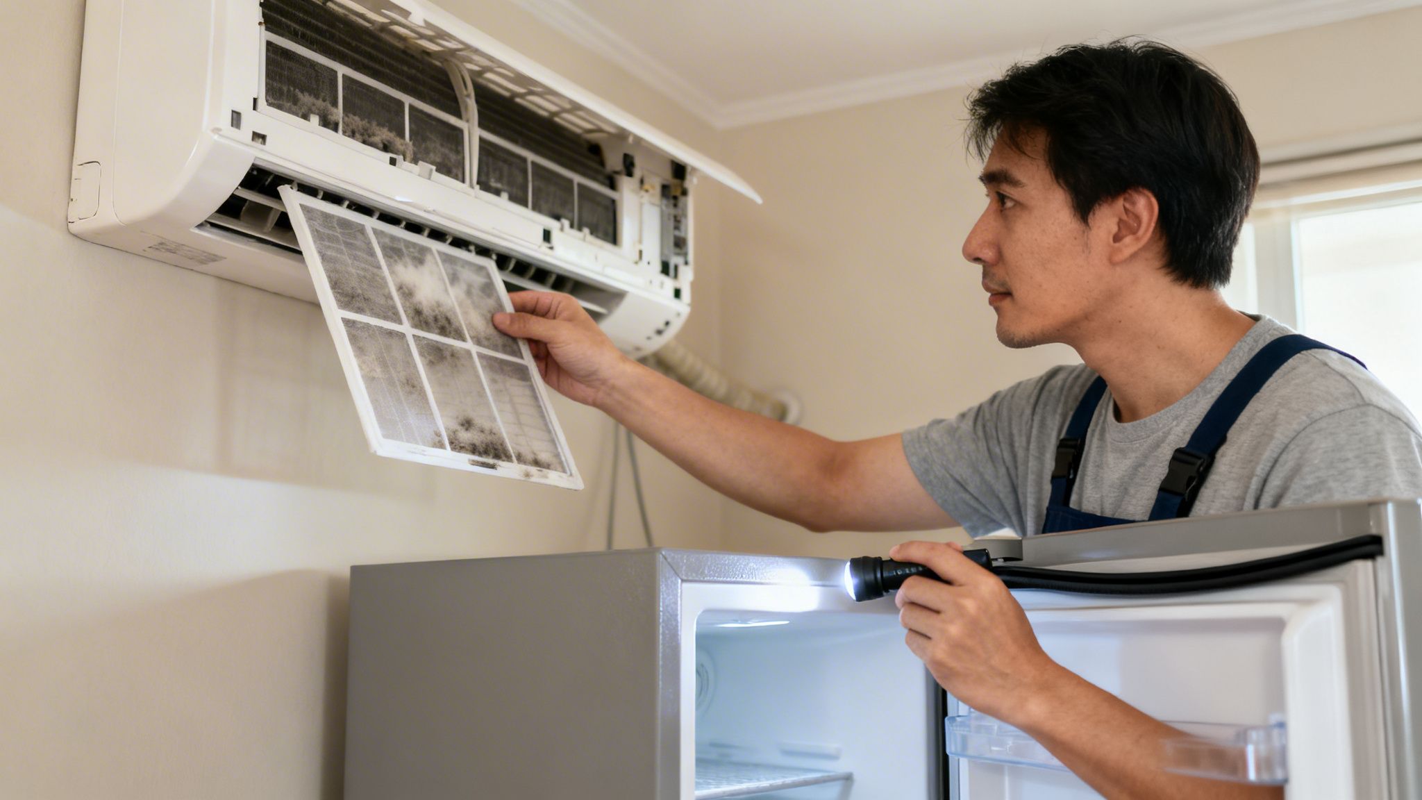 A technician cleans a very dirty air conditioner filter, performing home appliance maintenance.