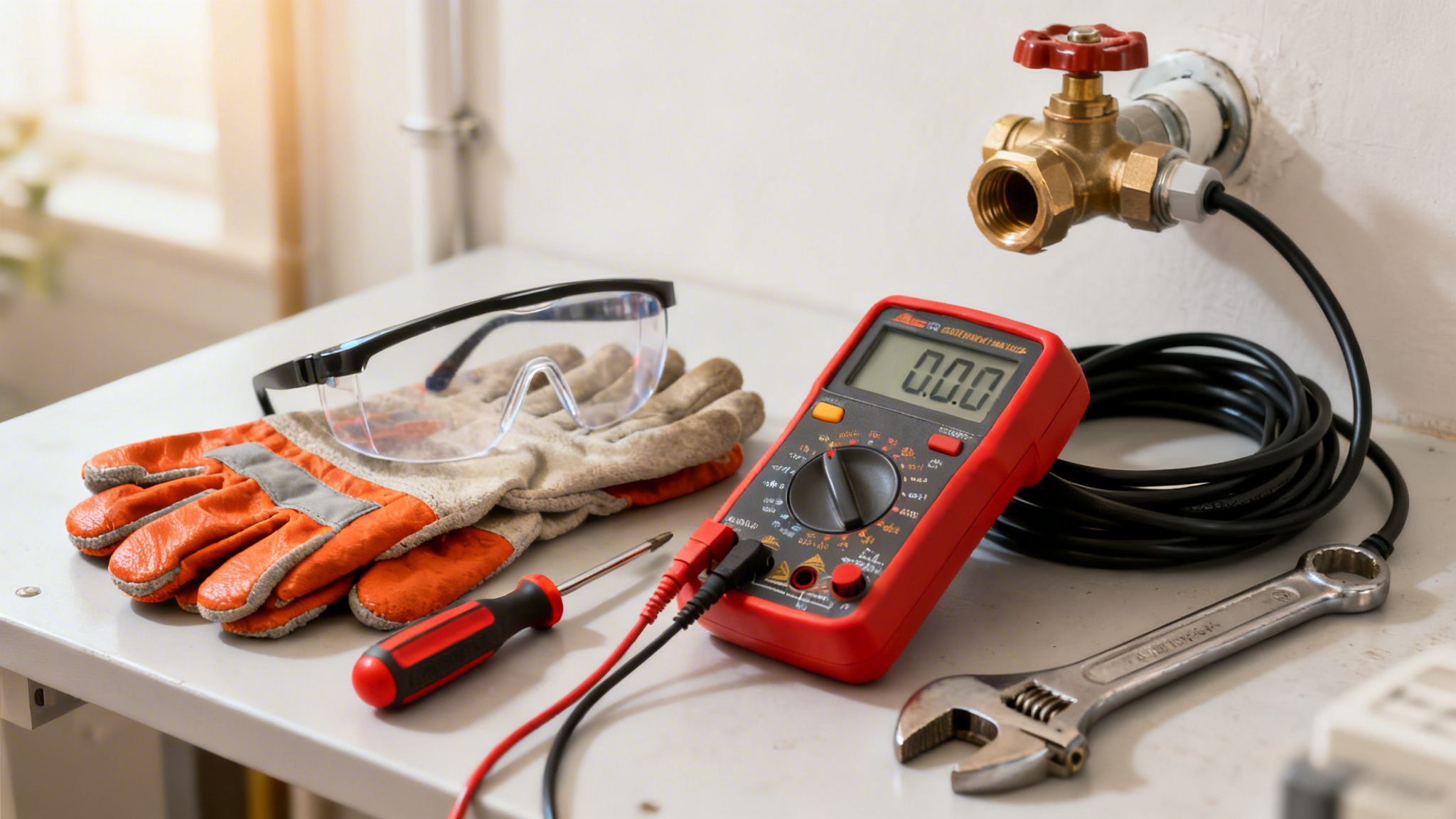 Essential tools for home appliance repair, including safety glasses, gloves, multimeter, and wrench.