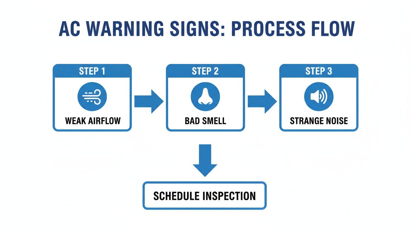 A process flow diagram illustrating AC warning signs: weak airflow, bad smell, and strange noise, prompting to schedule inspection.