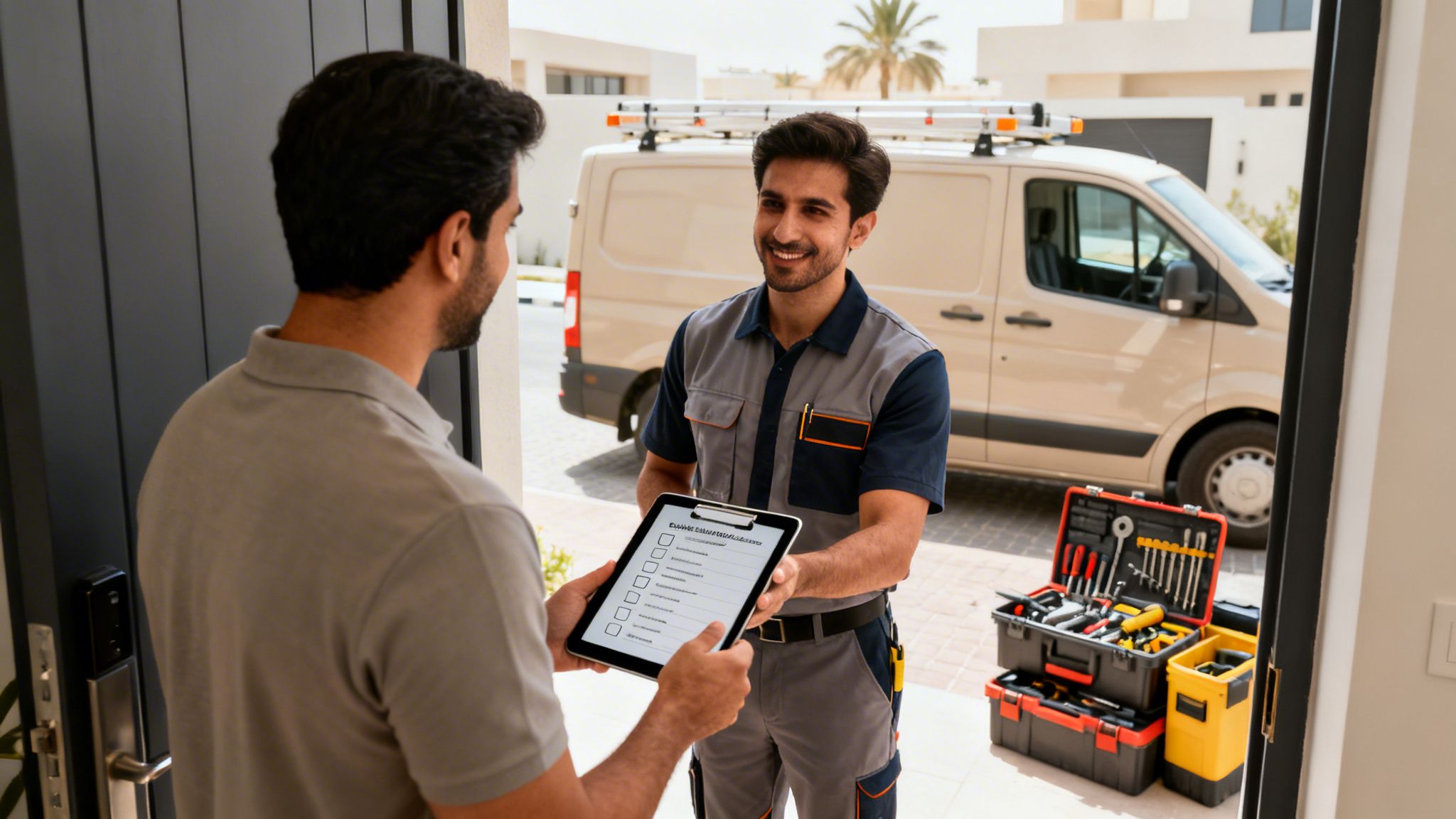 A friendly service technician hands a digital checklist on a tablet to a customer at their front door, with a service van nearby.