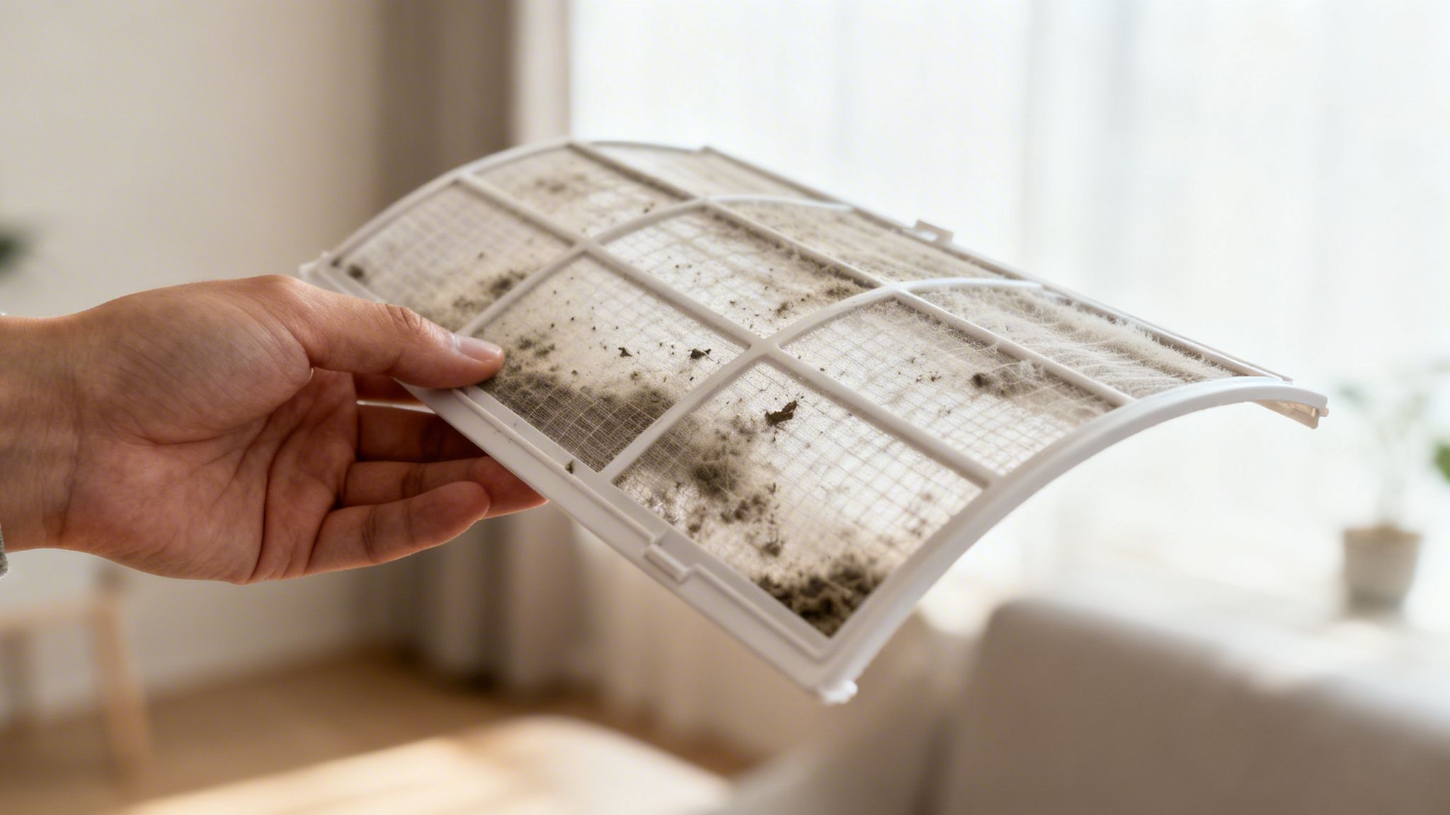 A hand holds a very dirty air conditioner filter covered in thick dust and debris.