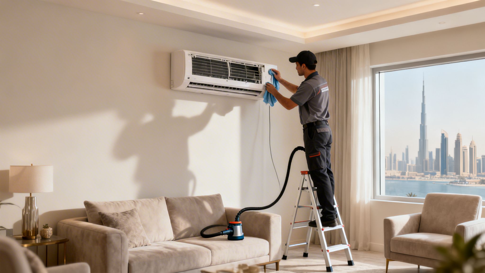 Professional technician cleaning an air conditioner in a modern living room overlooking Dubai skyline.