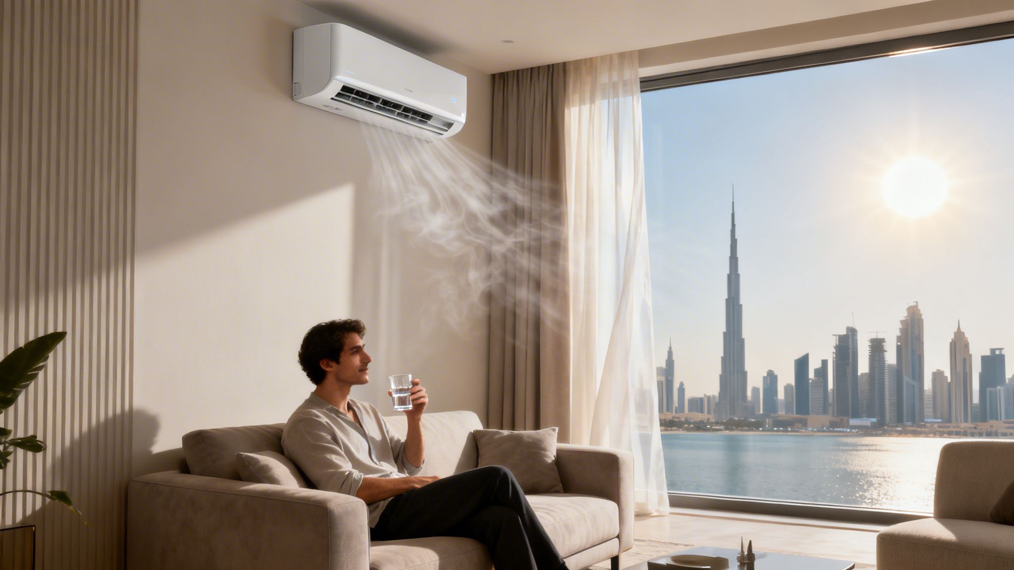 A man relaxing on a sofa with an air conditioner cooling a modern room overlooking a sunny city skyline.