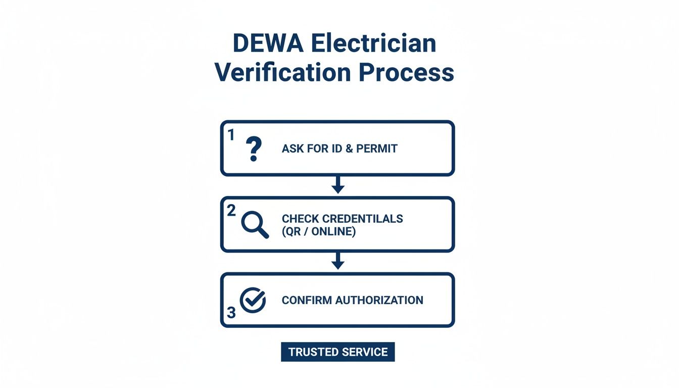 A flowchart illustrating the DEWA Electrician Verification Process in three clear steps for trusted service.