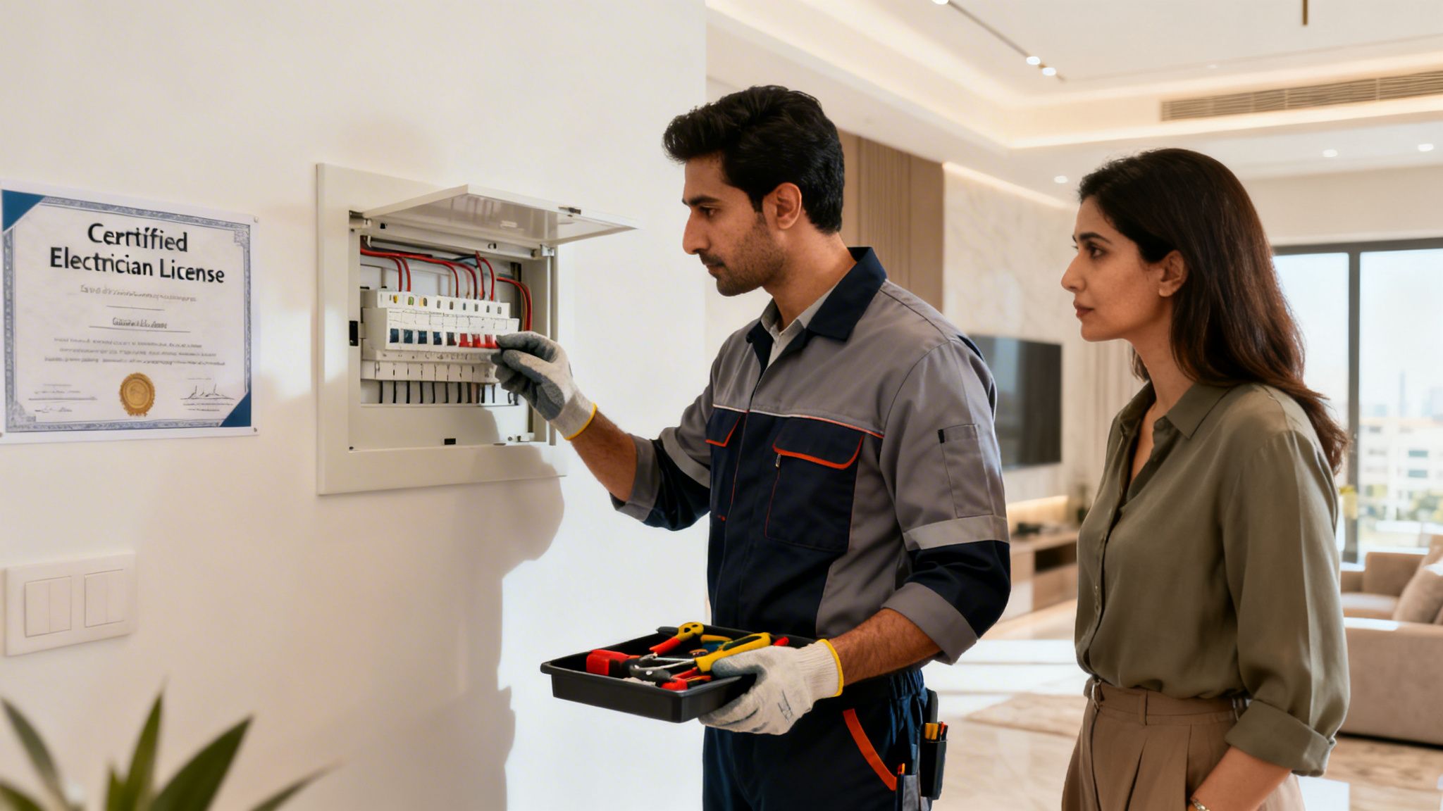 A certified electrician works on a breaker box while a woman watches in a modern home.