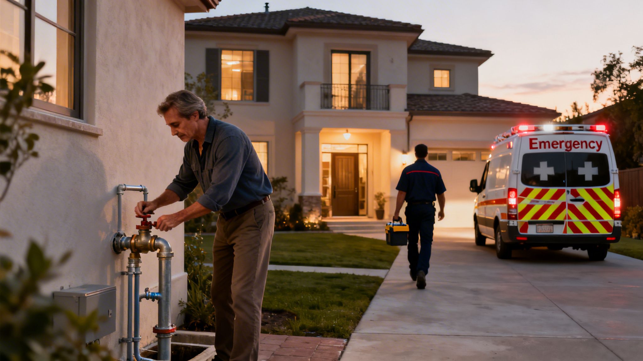 Man adjusts outdoor plumbing while an emergency ambulance and technician arrive at a modern villa.