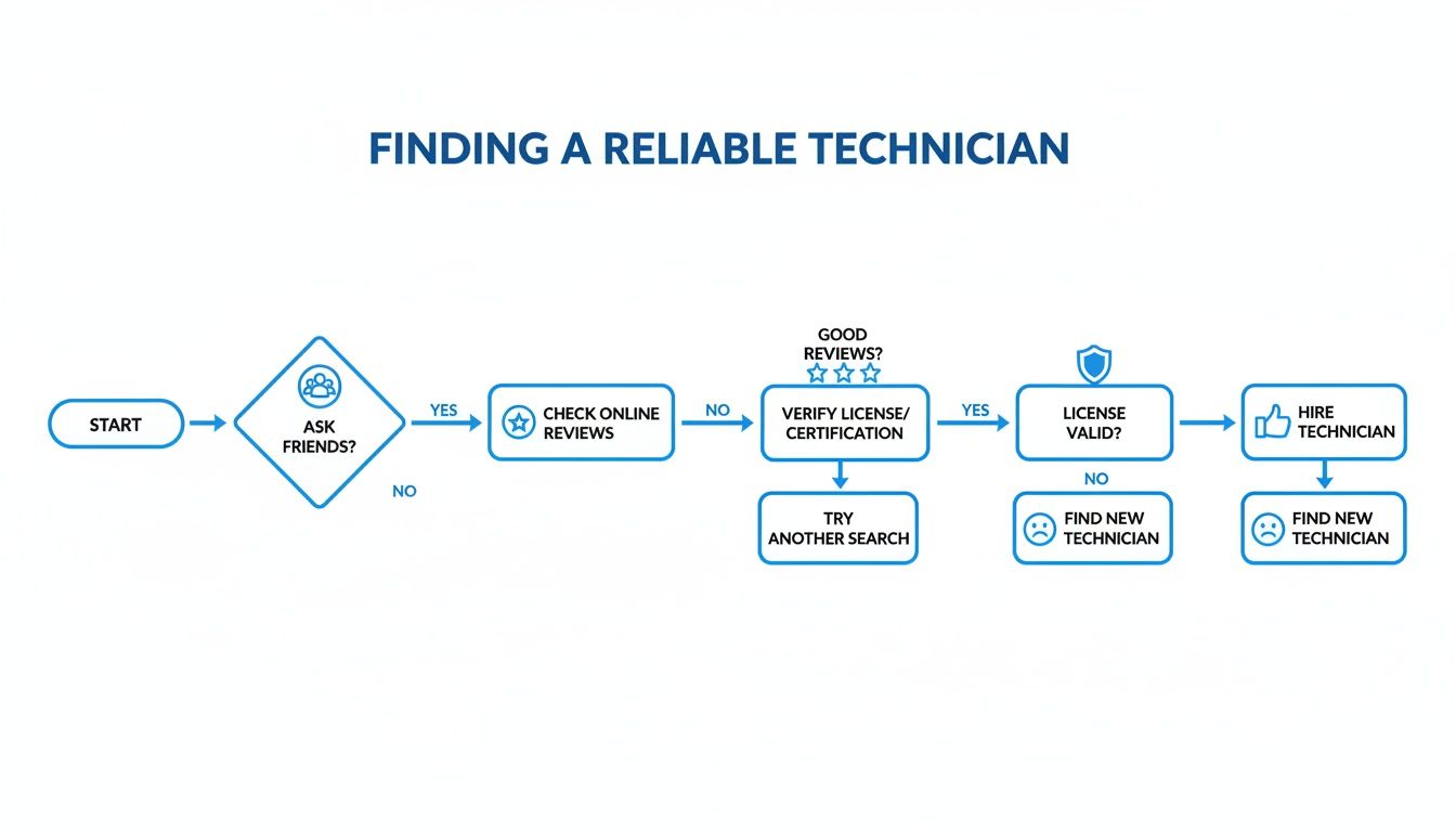 A flowchart guiding the process of finding and hiring a reliable technician, including checks and verifications.