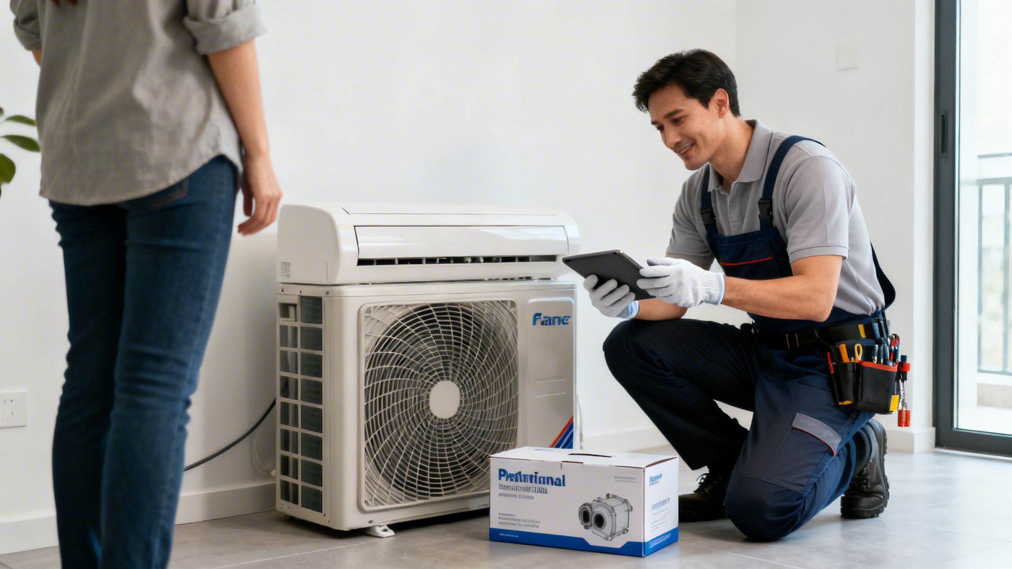 A smiling technician in a uniform and gloves kneels, using a tablet next to an air conditioner, with a customer nearby.