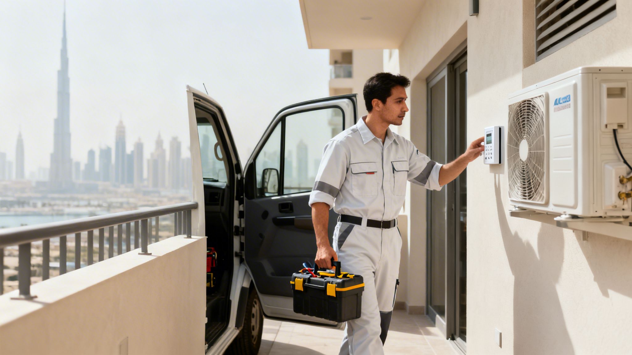 A technician in uniform adjusts an outdoor air conditioning unit on a balcony, with a city skyline behind.