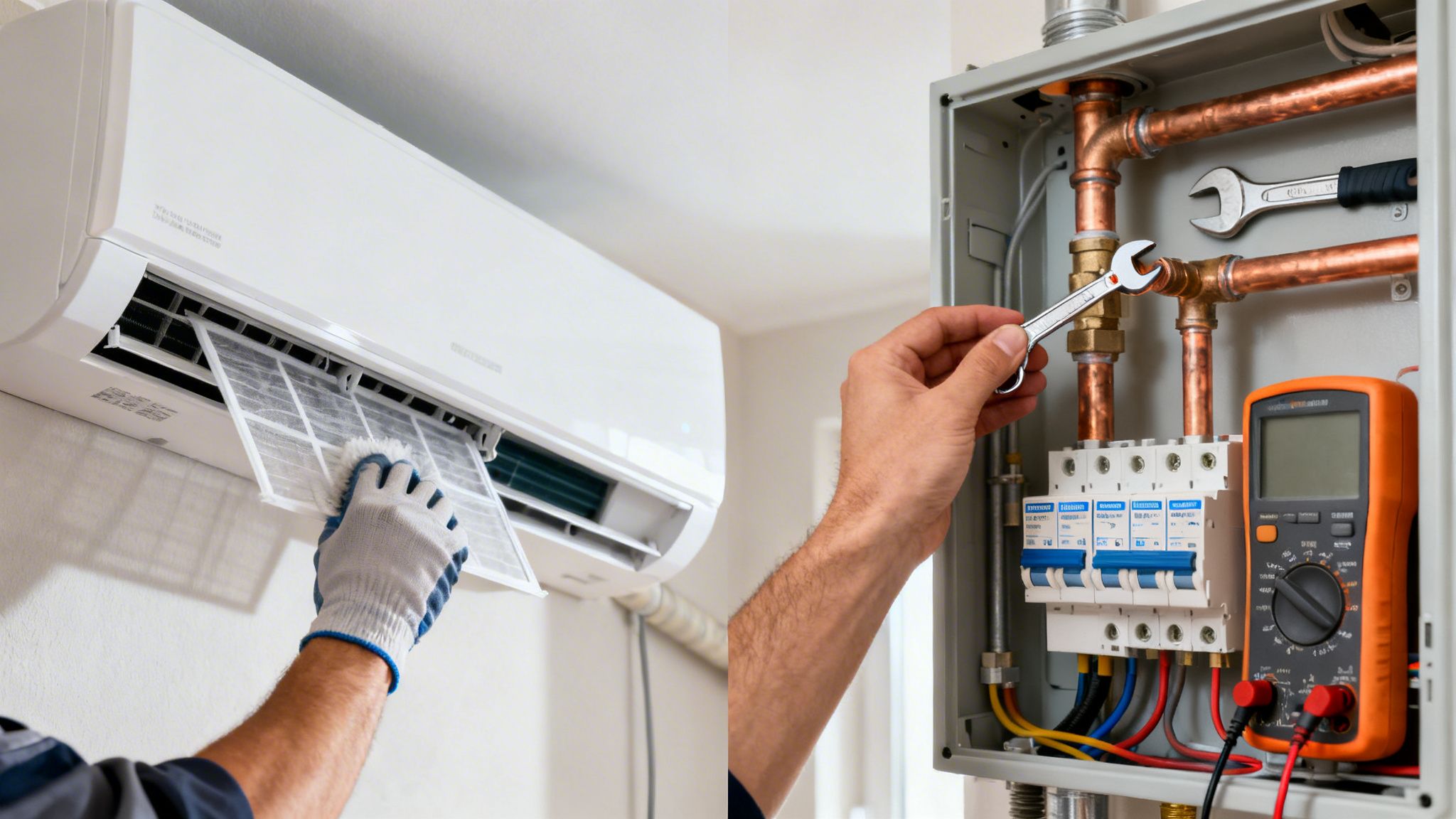 Technician performing maintenance on an air conditioner filter and an electrical/plumbing panel.