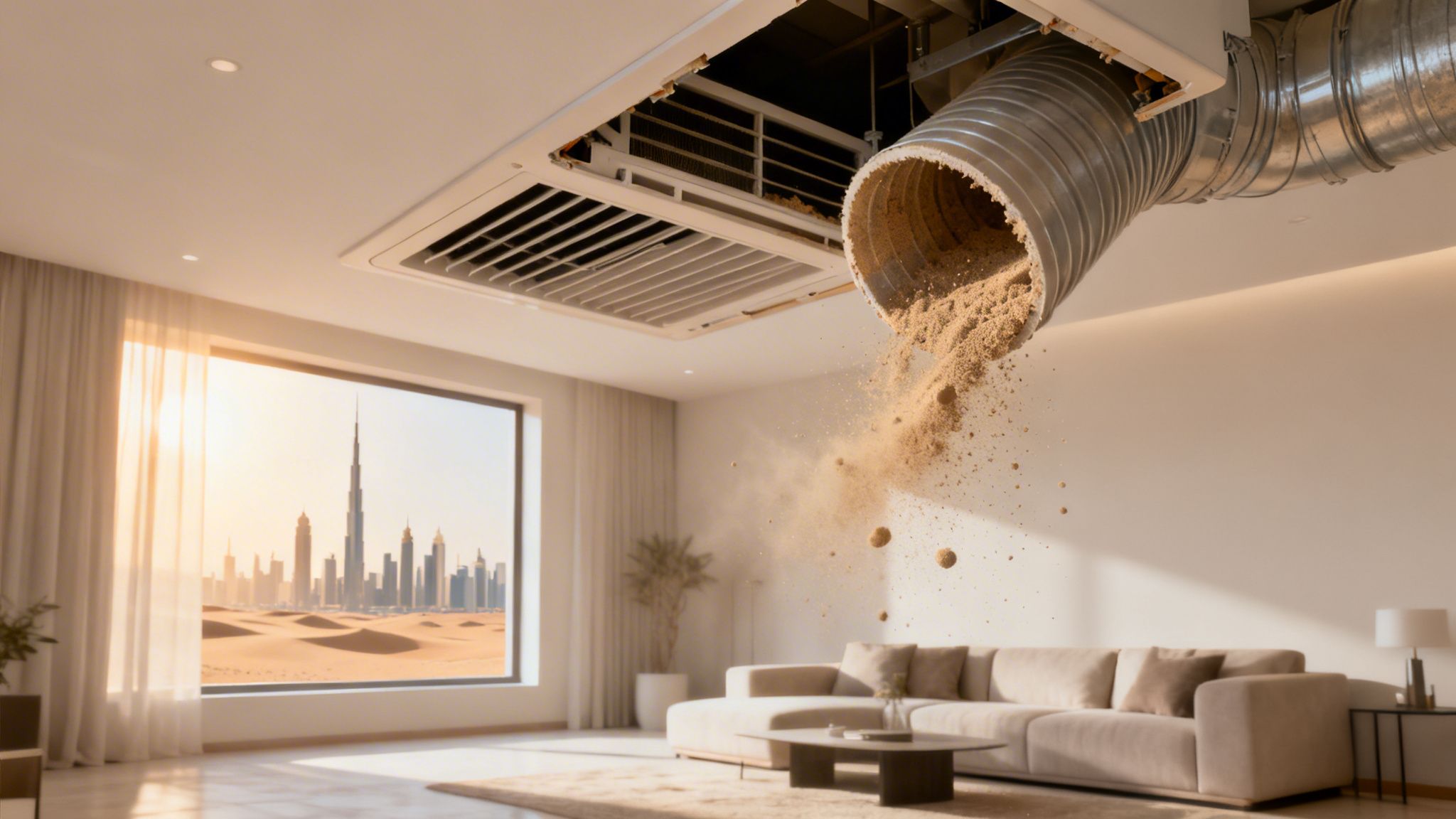 Sand pouring out of an exposed air duct in a modern living room with a desert city view.