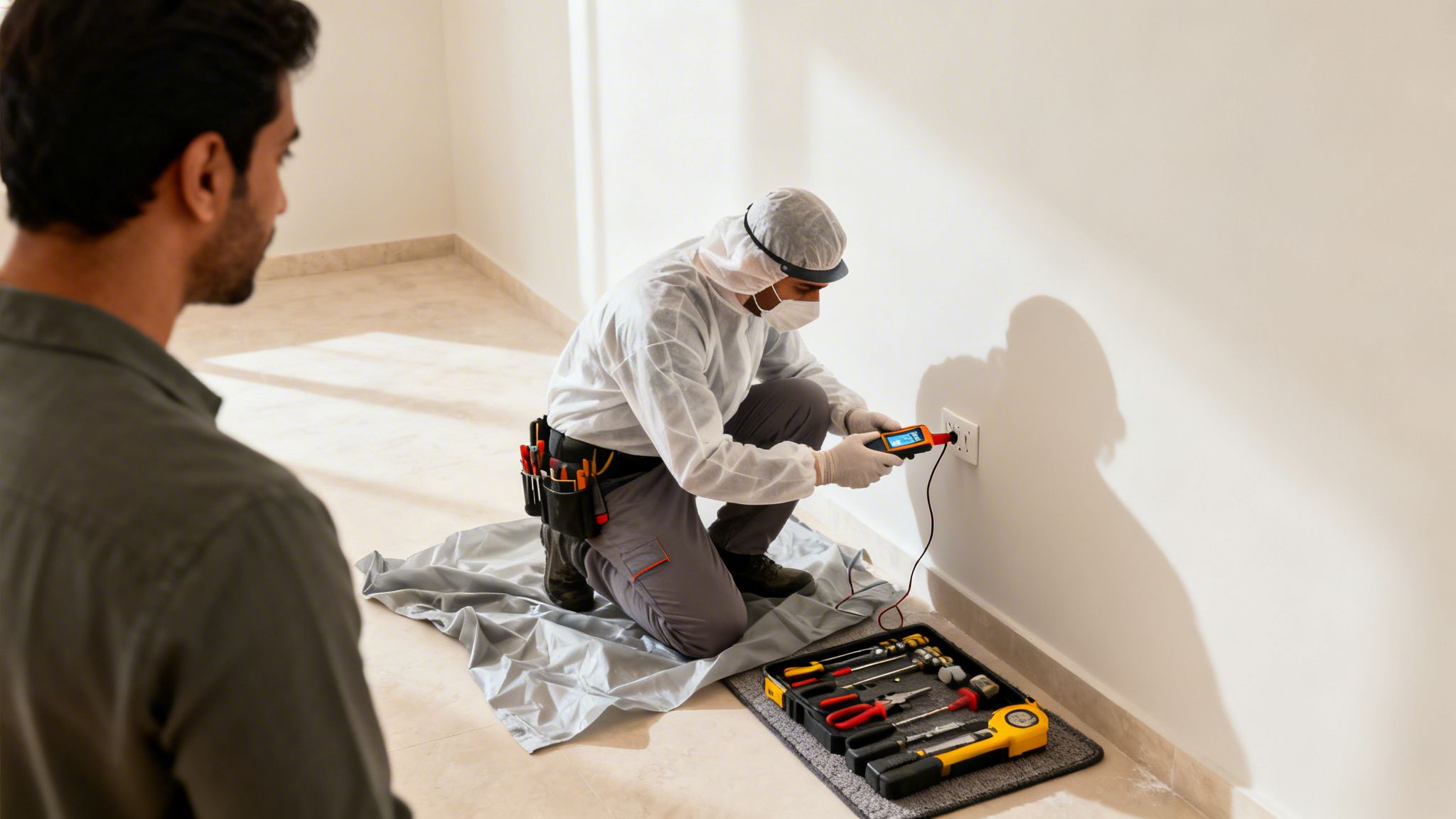 A technician in protective gear checks an electrical outlet with a device, observed by a customer.